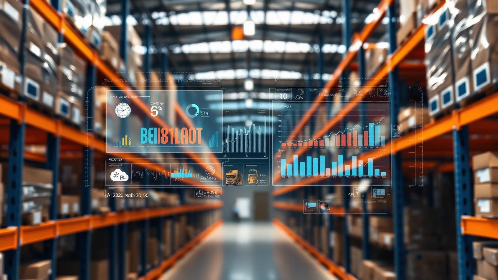Armazém moderno com dashboards de IA a analisar inventário em tempo real