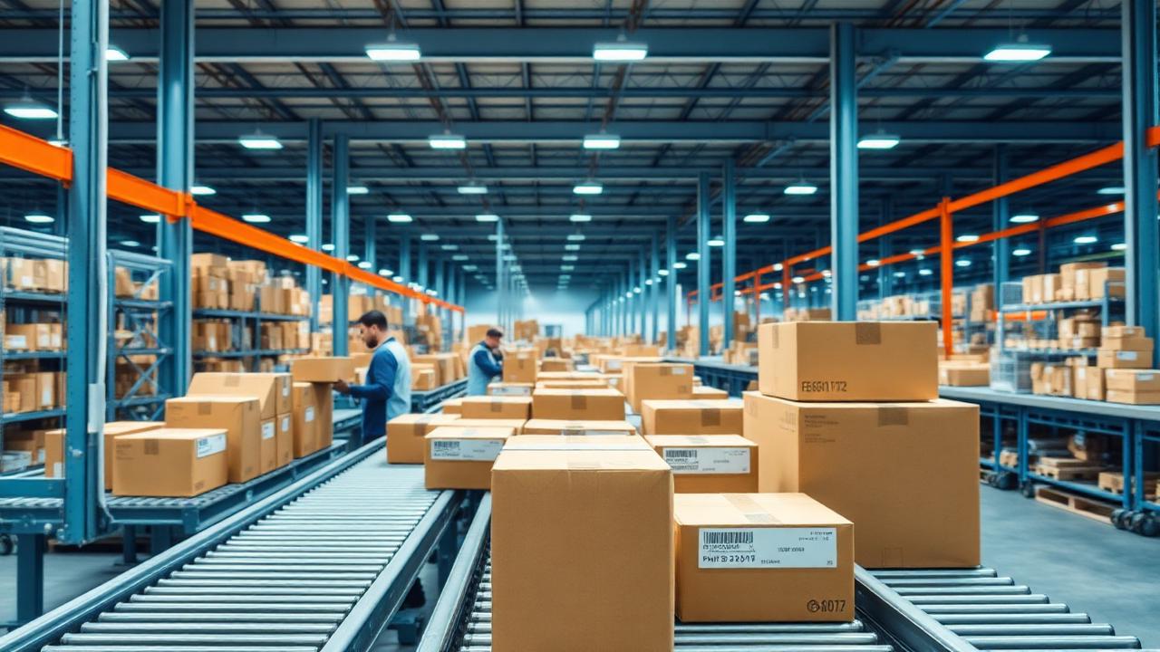 Armazém de e-commerce moderno com tapete rolante, encomendas embaladas e operadores a preparar pedidos