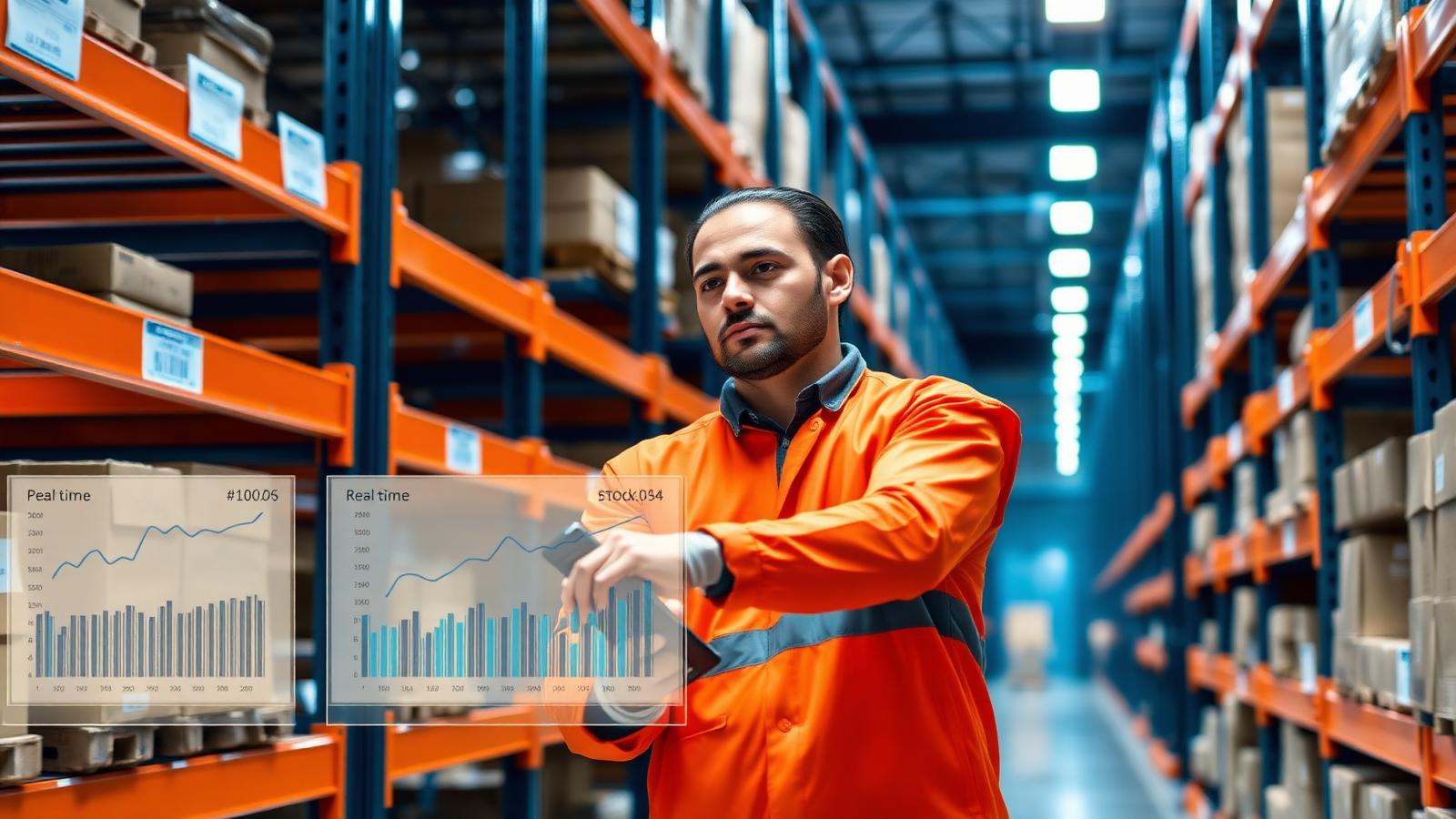 Warehouse operator recording stock with an RF terminal in a perpetual inventory system