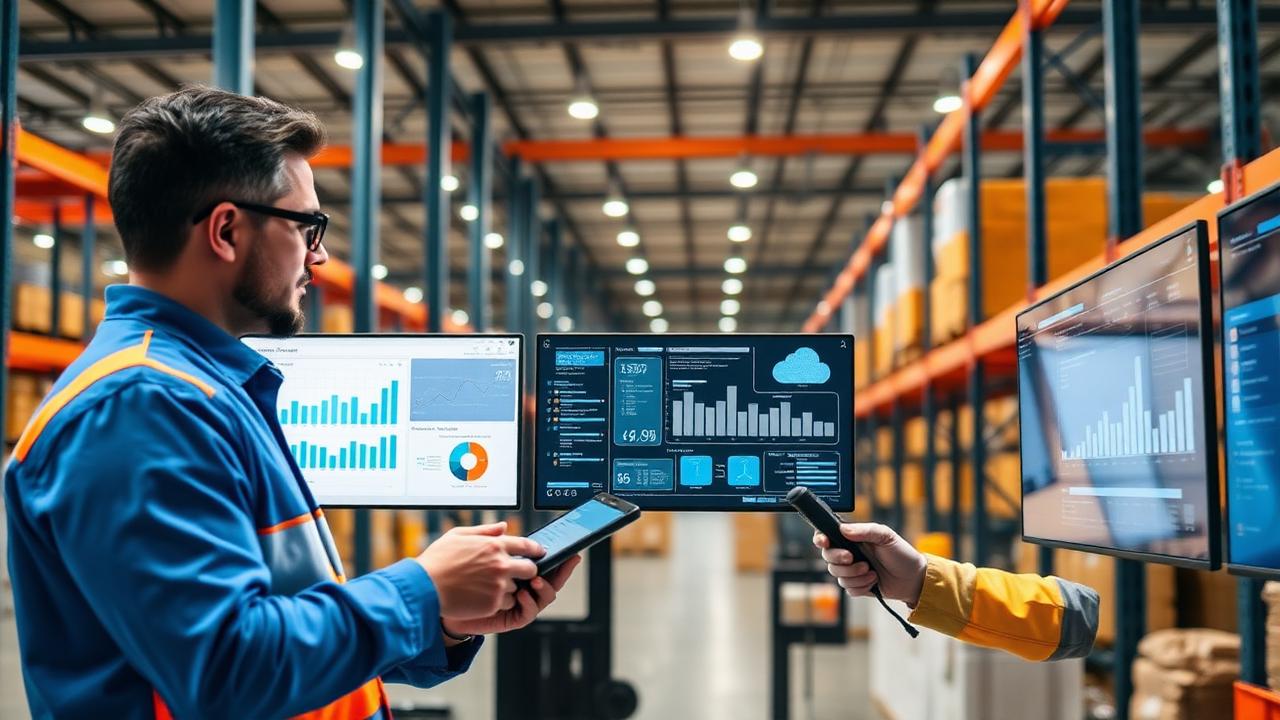 Armazém moderno com operadores a usar tablets e scanners, dashboards de IA e métricas em tempo real