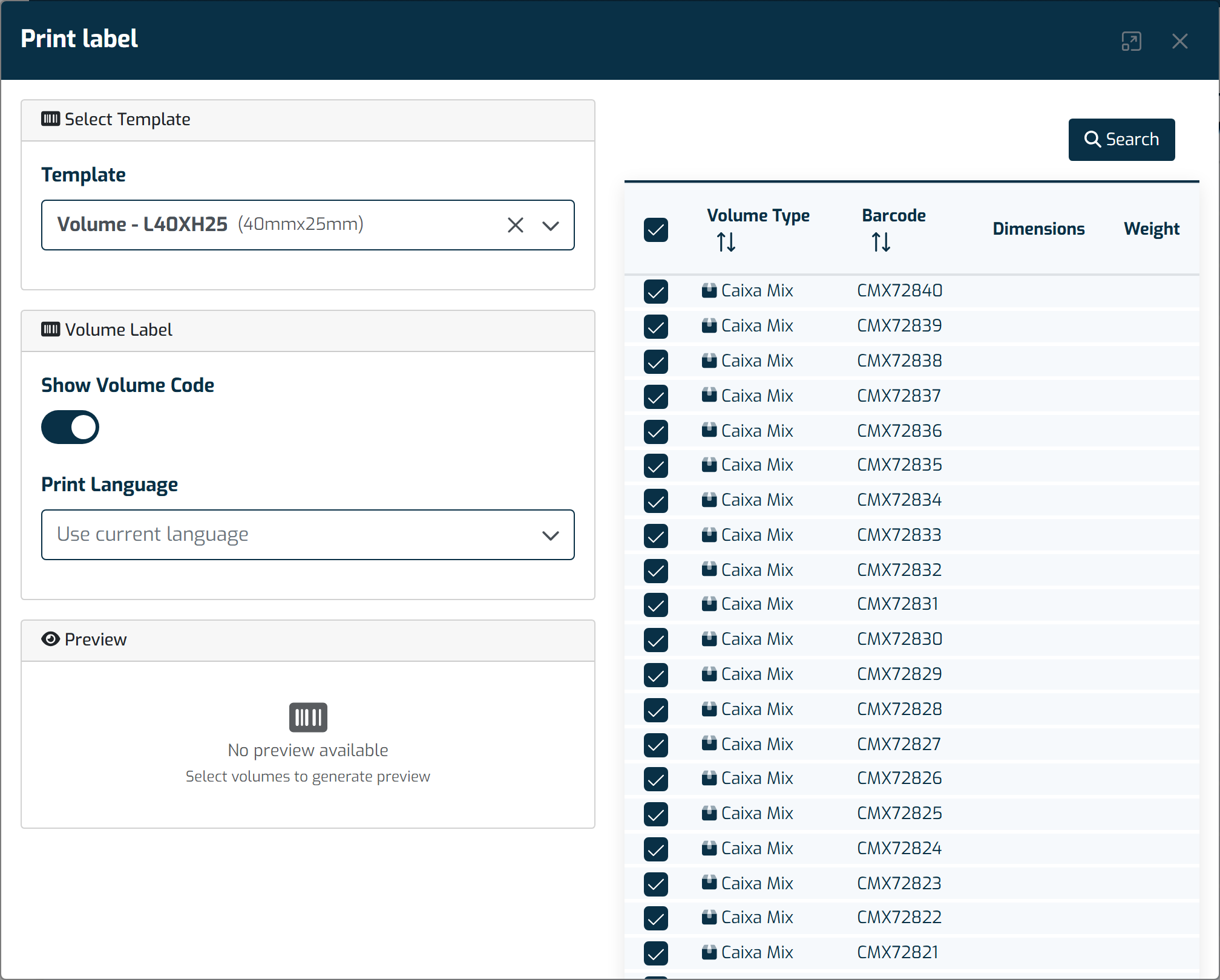 The volume label generation dialog, showing the Template and the fields to display
