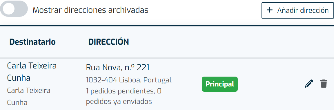 Libro de direcciones de un punto de entrega, con la dirección principal marcada