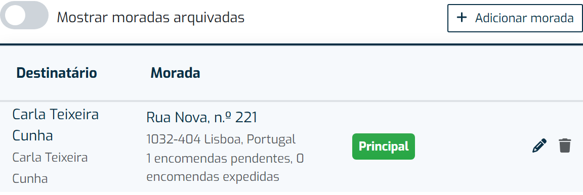 Livro de moradas de um ponto de entrega, com a morada principal assinalada