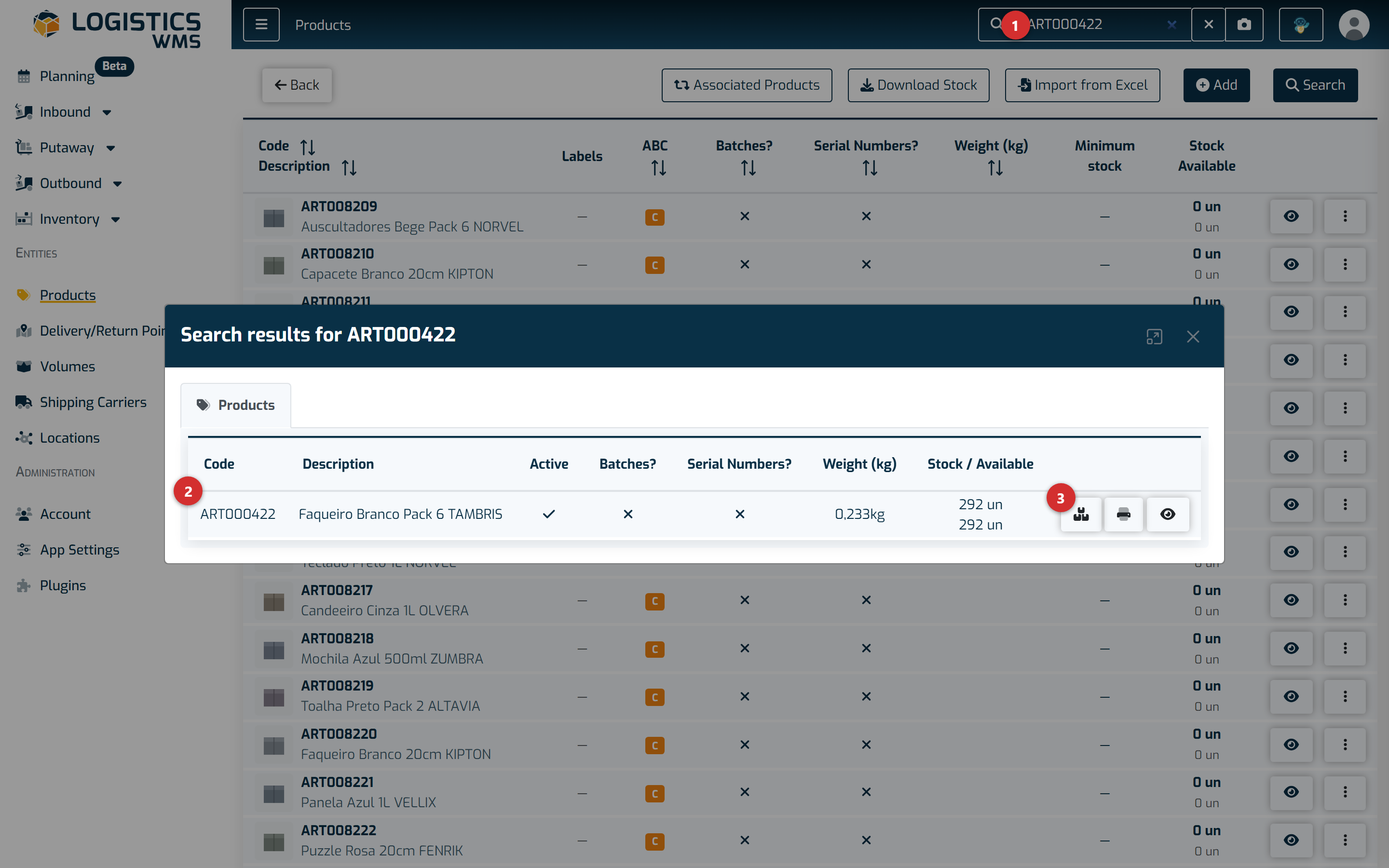 The global search results, with the product found and the shortcut to its stock