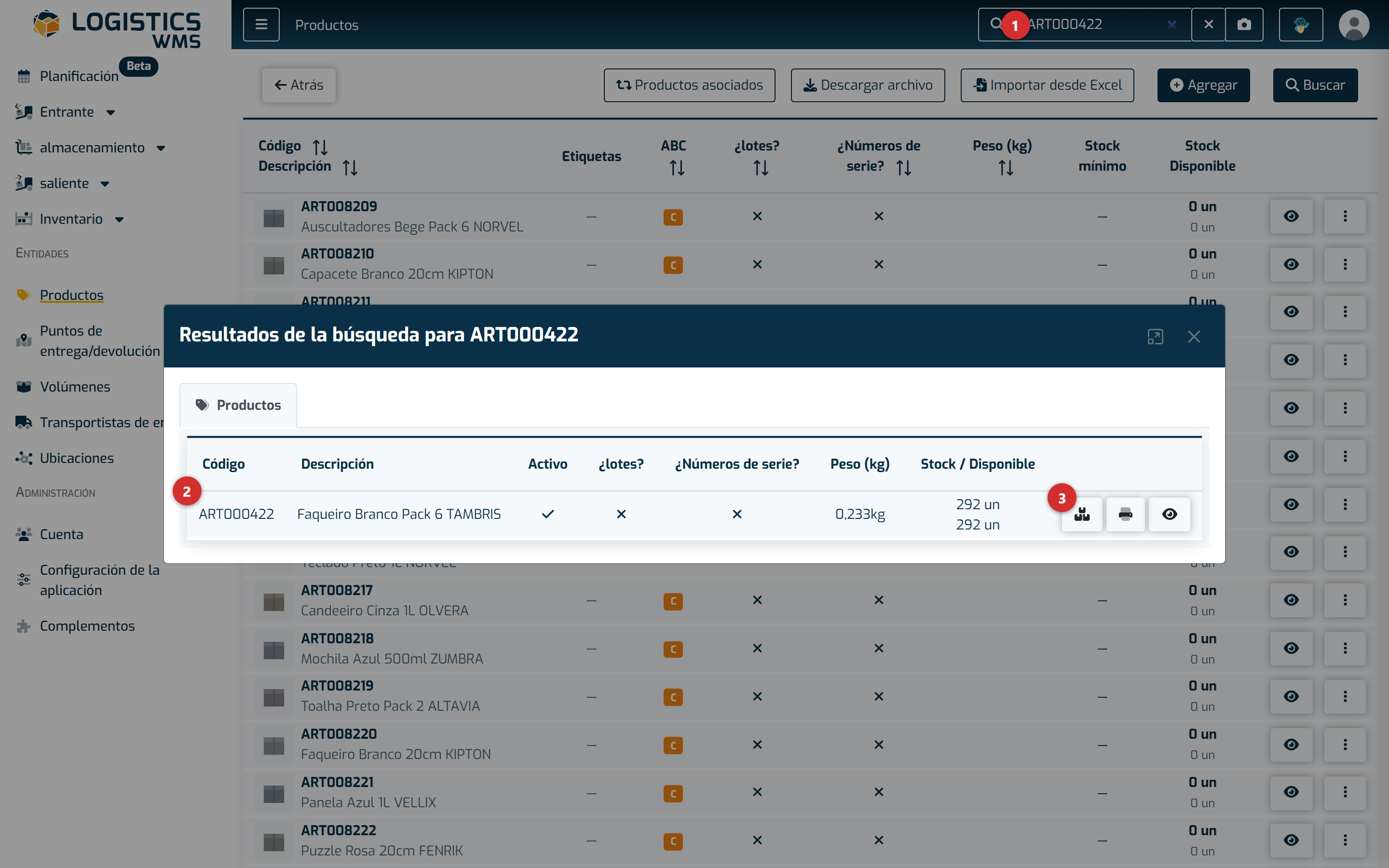 Resultados de la búsqueda global, con el producto encontrado y el atajo a su stock