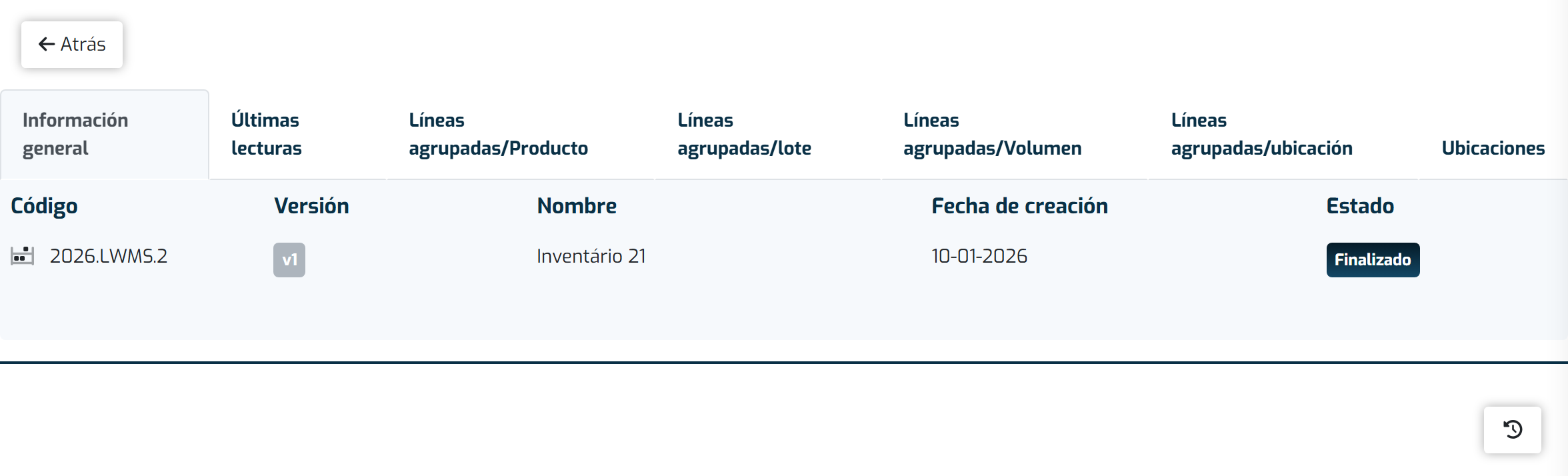 Pantalla de detalle de un inventario, con su estado y las líneas contadas