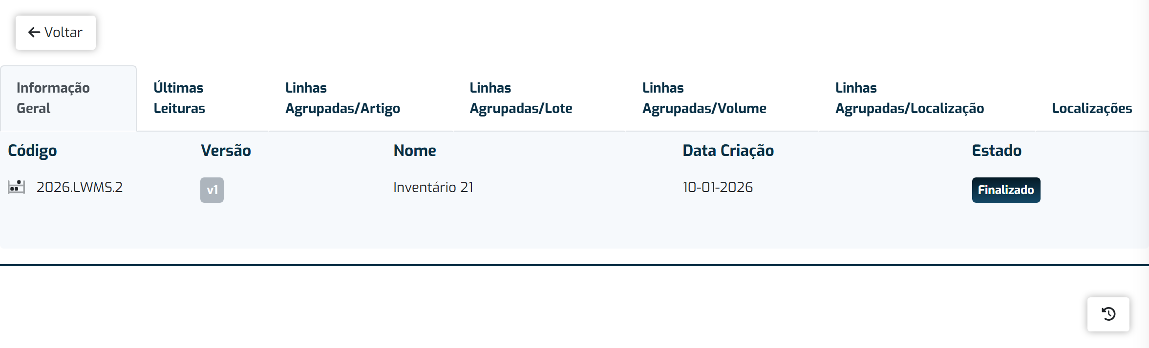 Ecrã de detalhe de um inventário, com o seu estado e as linhas contadas
