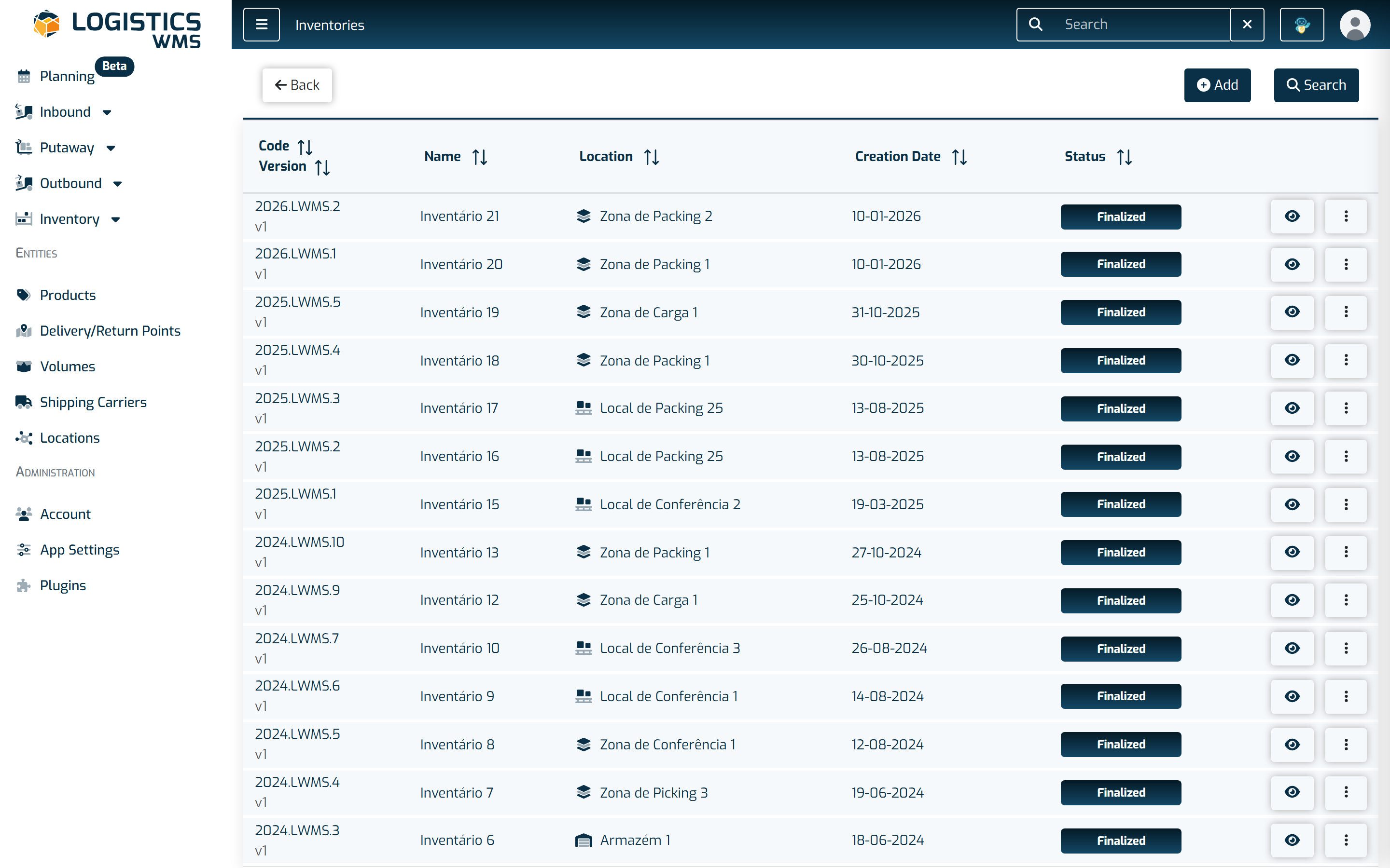 The list of inventories by location, showing the status of each