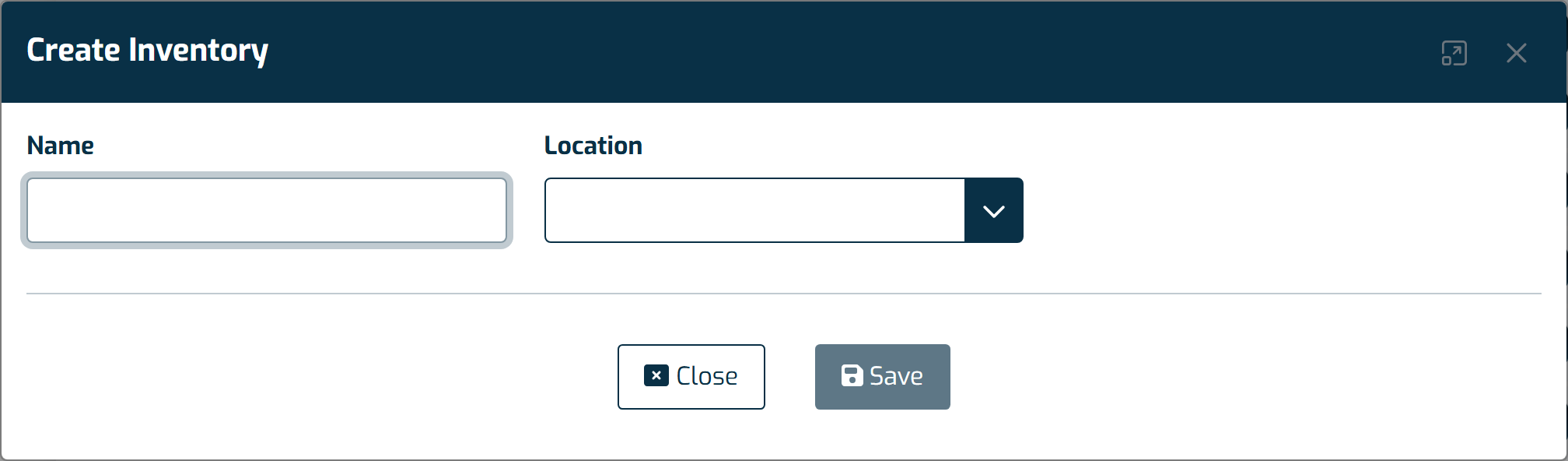The screen for creating an inventory, with its name and the location to count