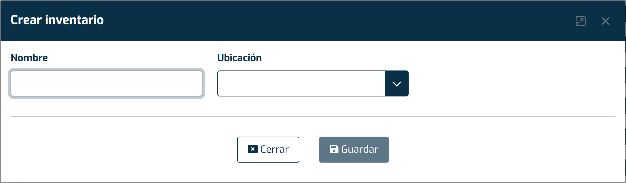 Pantalla de creación de un inventario, con el nombre y la ubicación a inventariar