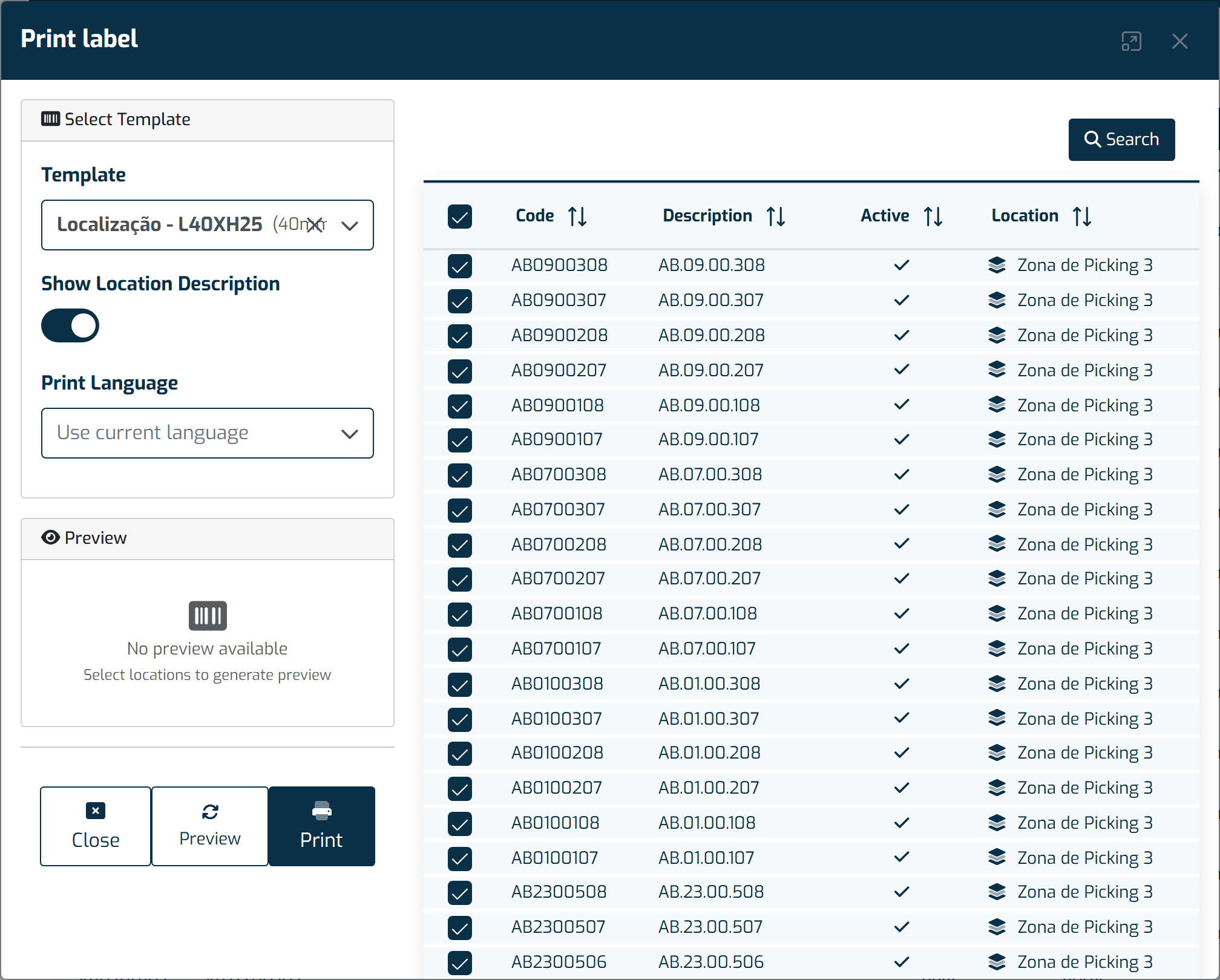 The physical location label generation dialog, showing the Template field