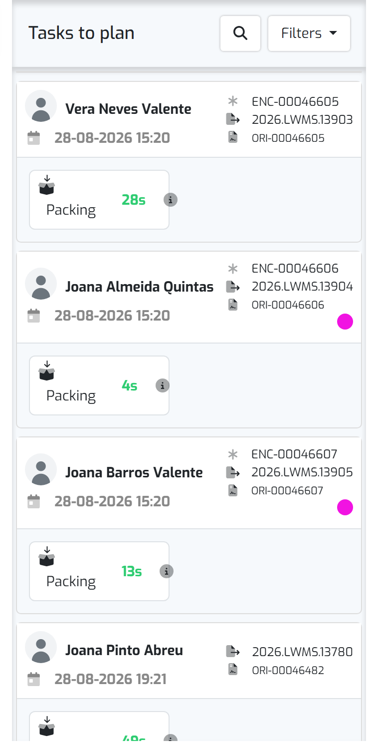 The "Tasks To Plan" panel, listing the picking and packing tasks waiting for an operator