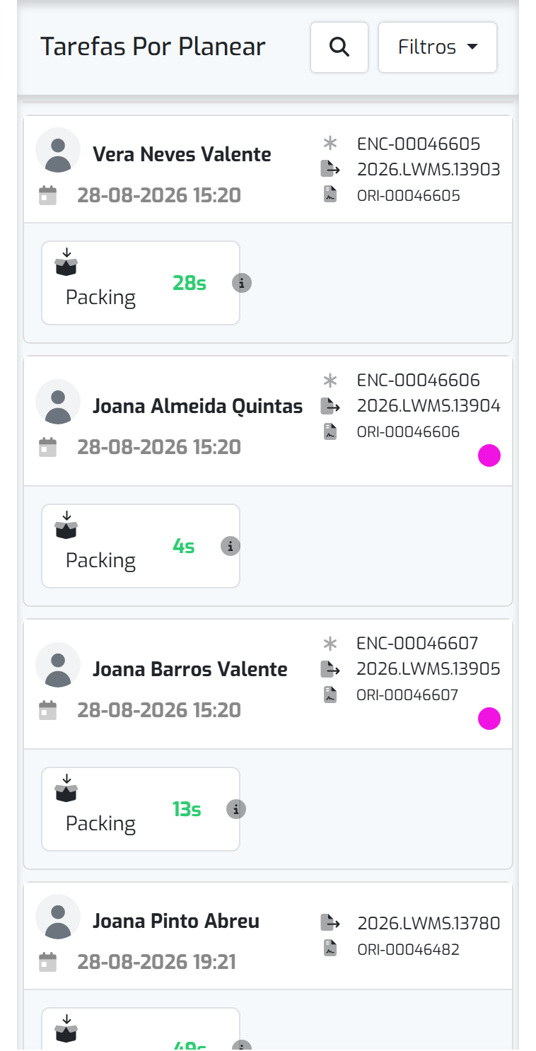 Painel "Tarefas Por Planear", com as tarefas de picking e packing à espera de operador
