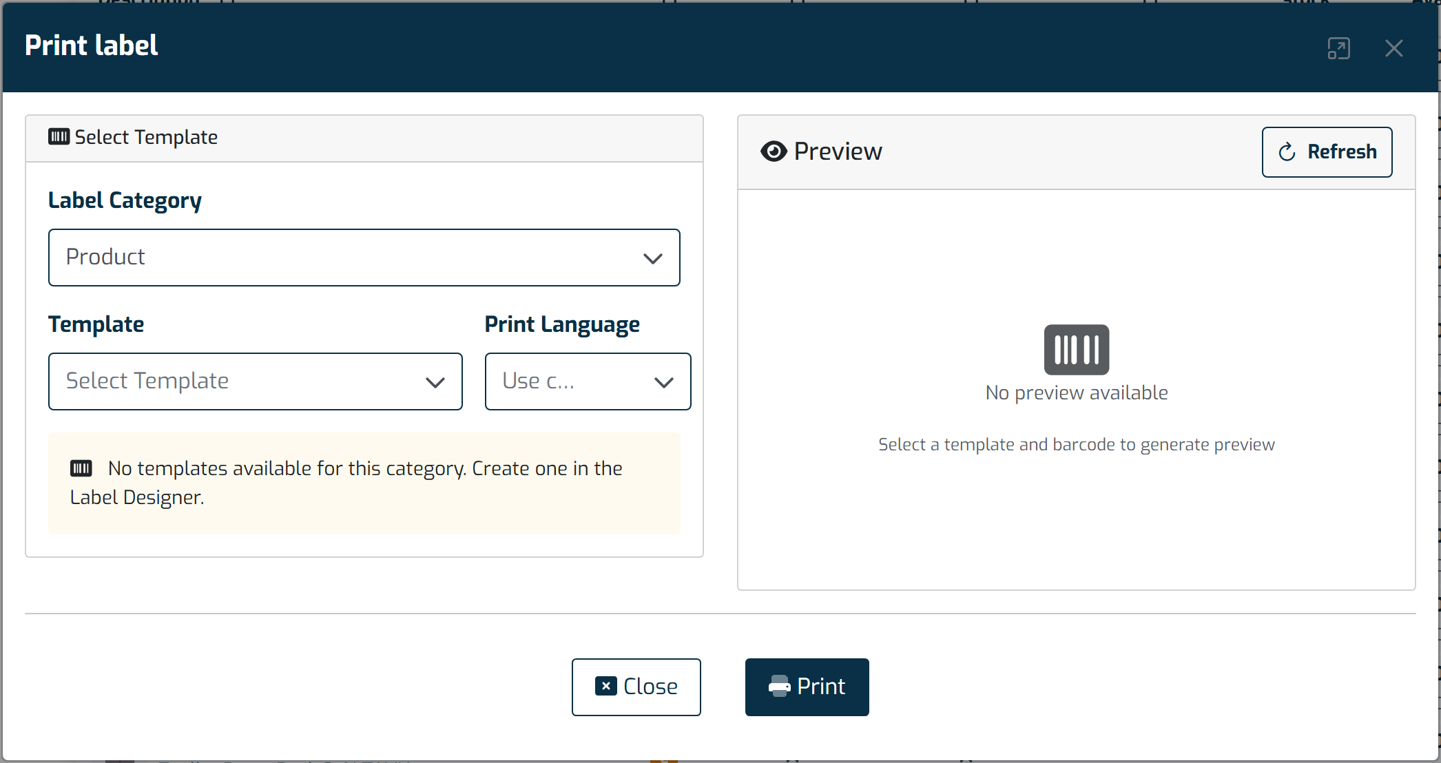 The product label print dialog, showing the label category and template