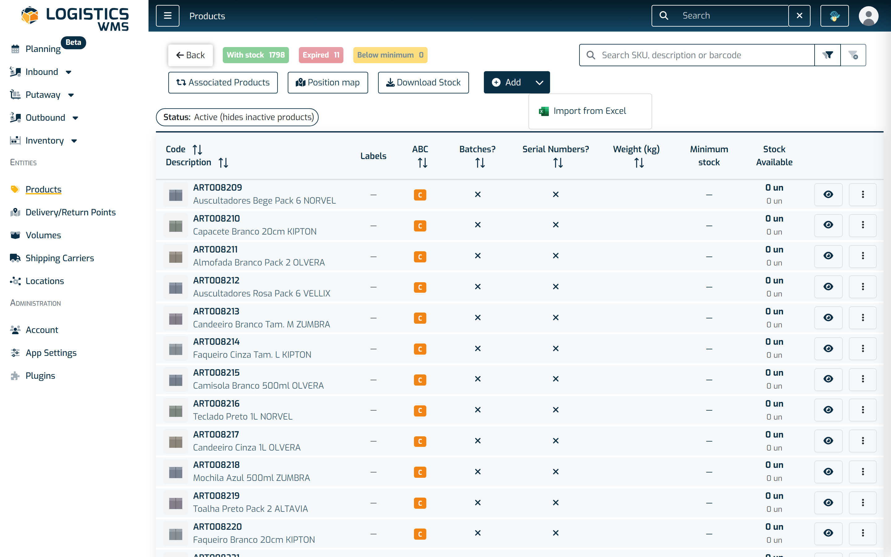 The Products list with the Add button menu open, showing the Import from Excel option
