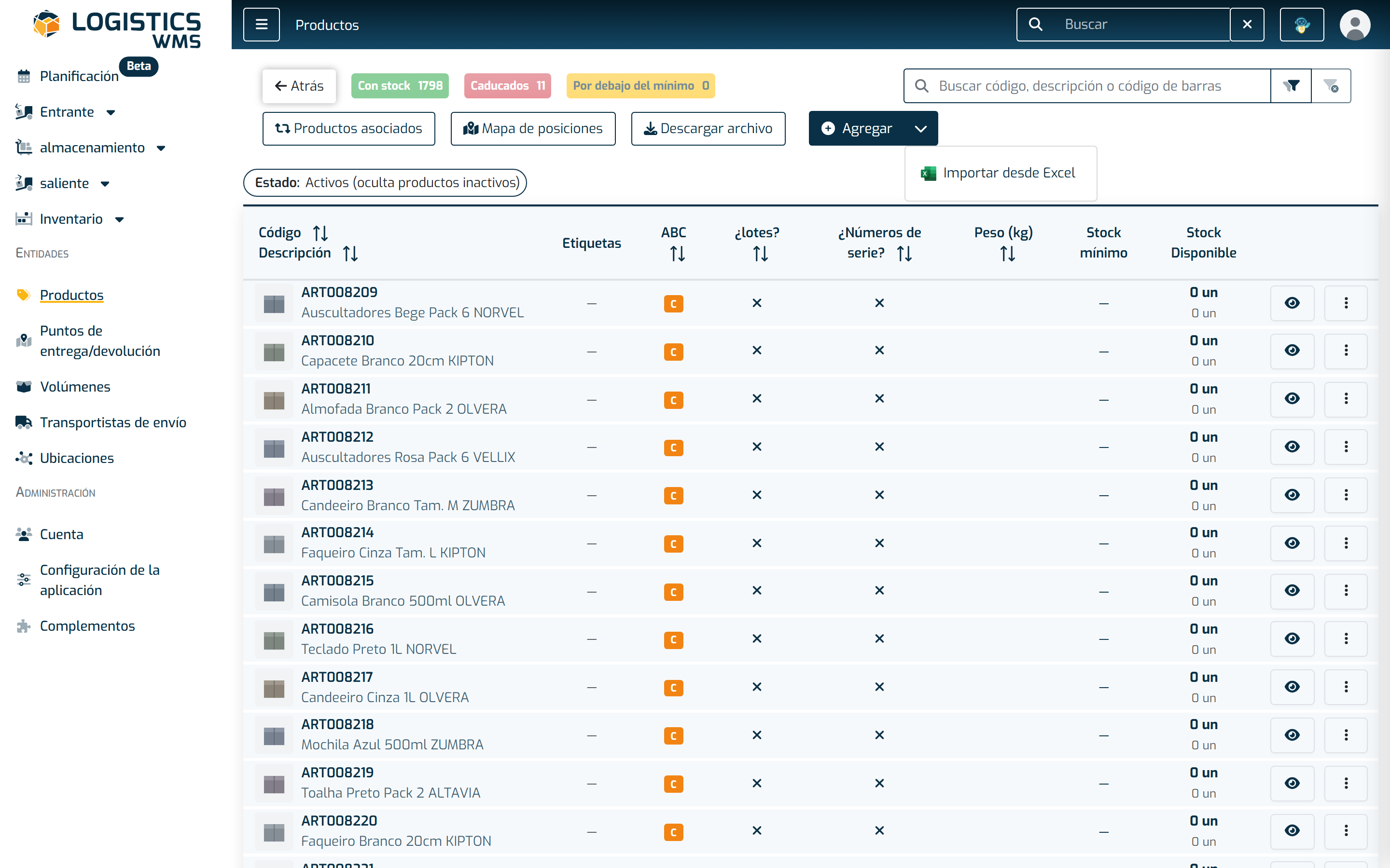Lista de productos con el menú del botón Agregar abierto, mostrando la opción Importar desde Excel