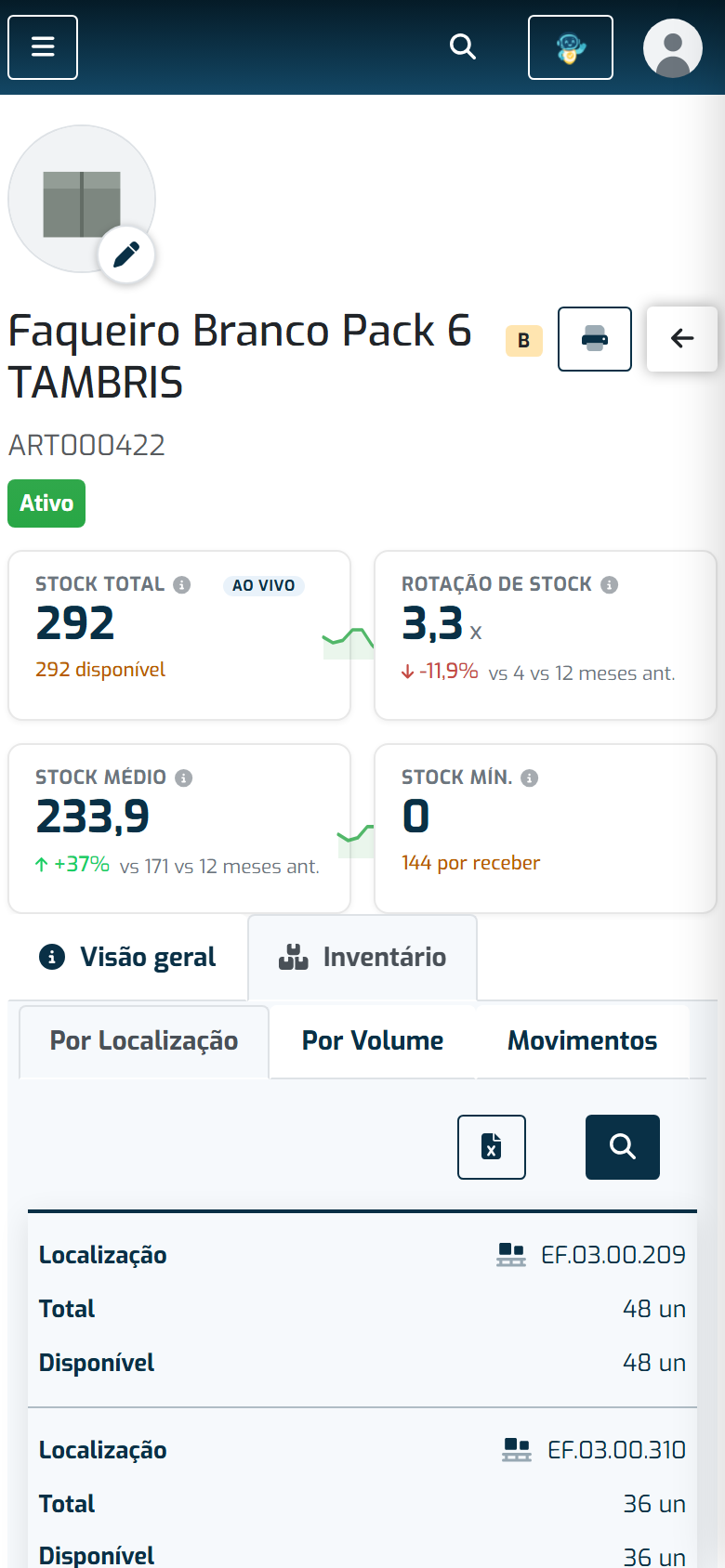 O separador Inventário num telemóvel, com o stock por localização