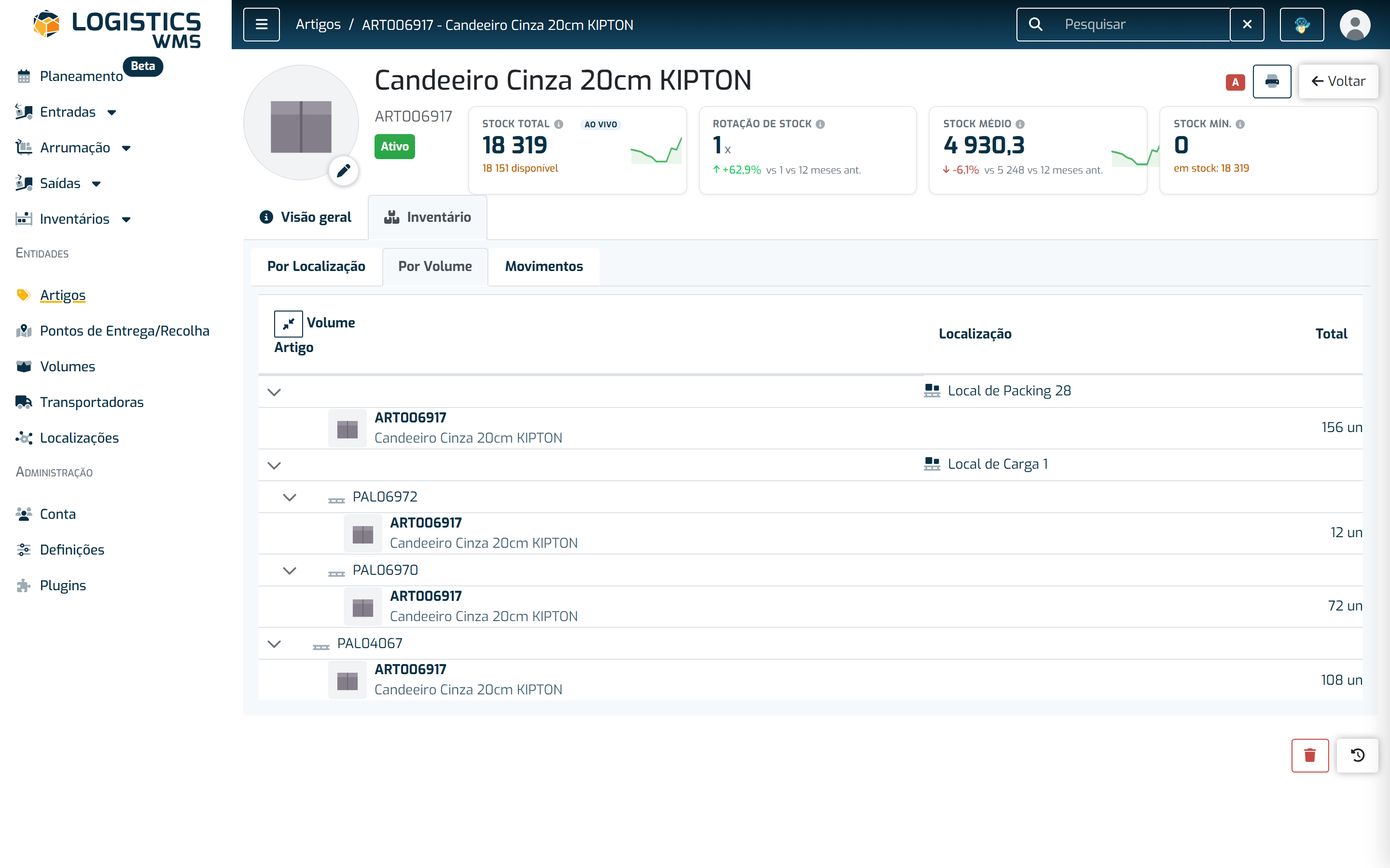 Separador Por Volume: o stock de um artigo agrupado por volume, com a localização de cada palete
