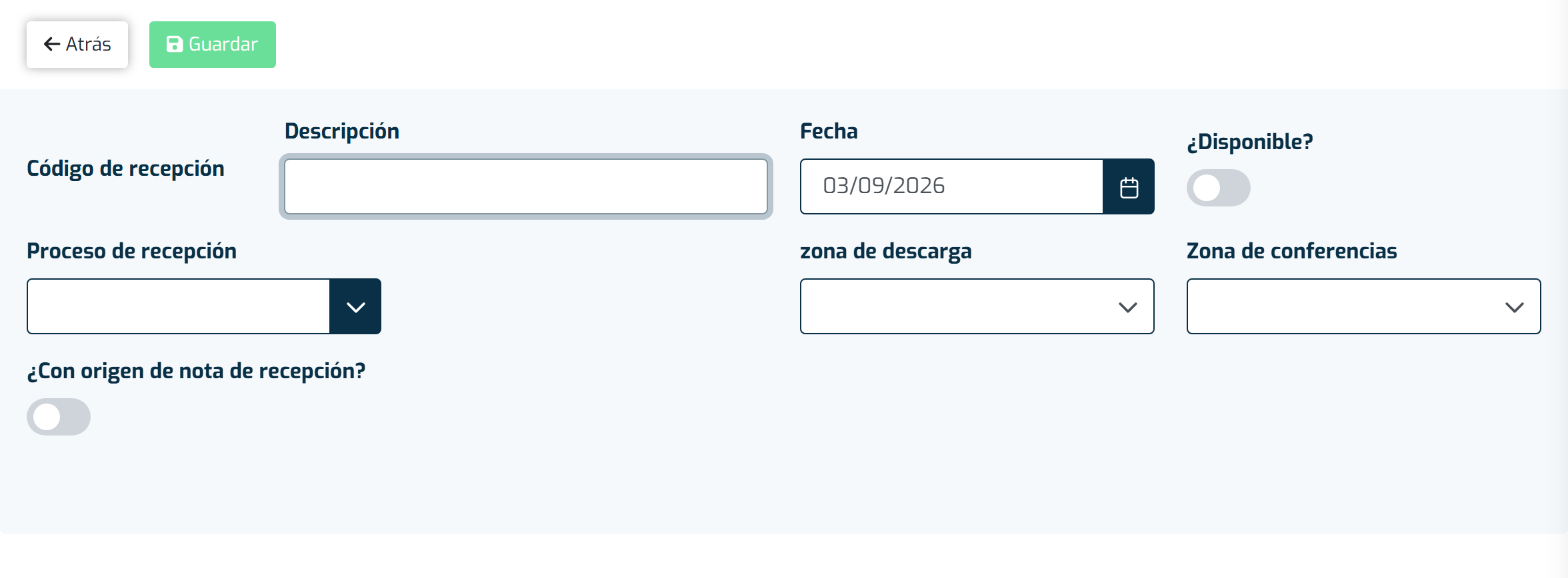 Pantalla de creación de una nueva recepción