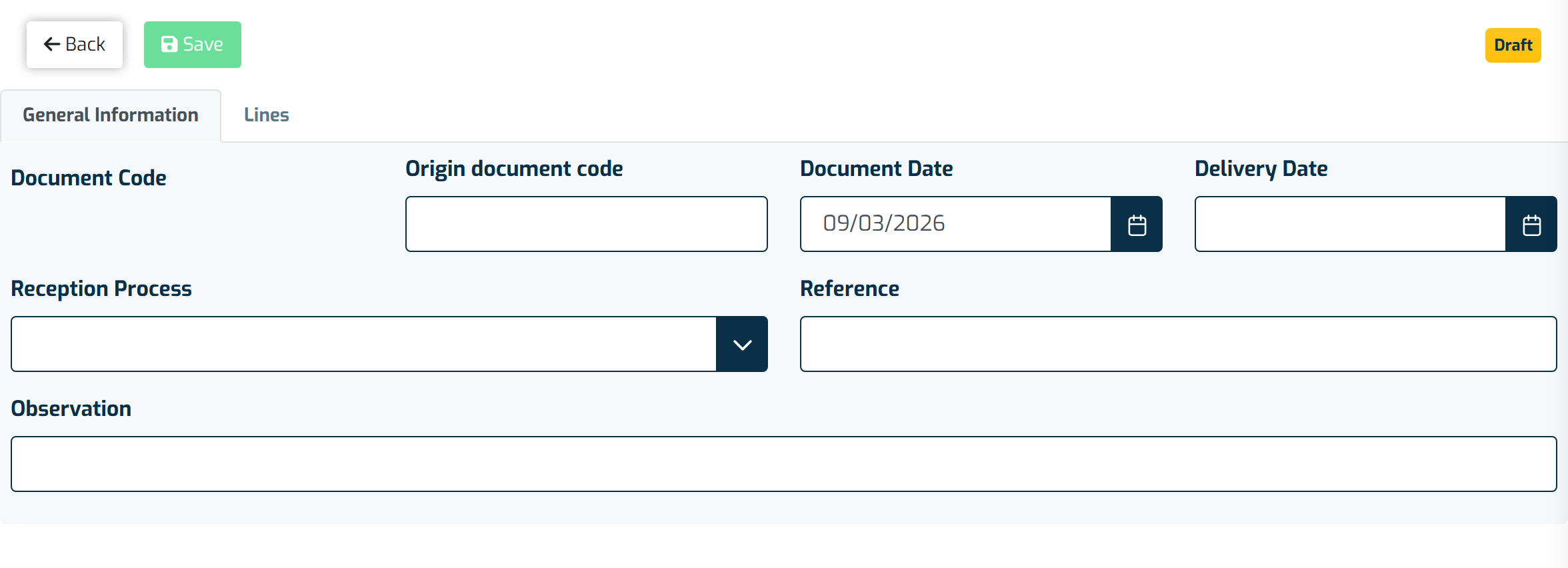 The screen for creating a reception note, on the General Information tab