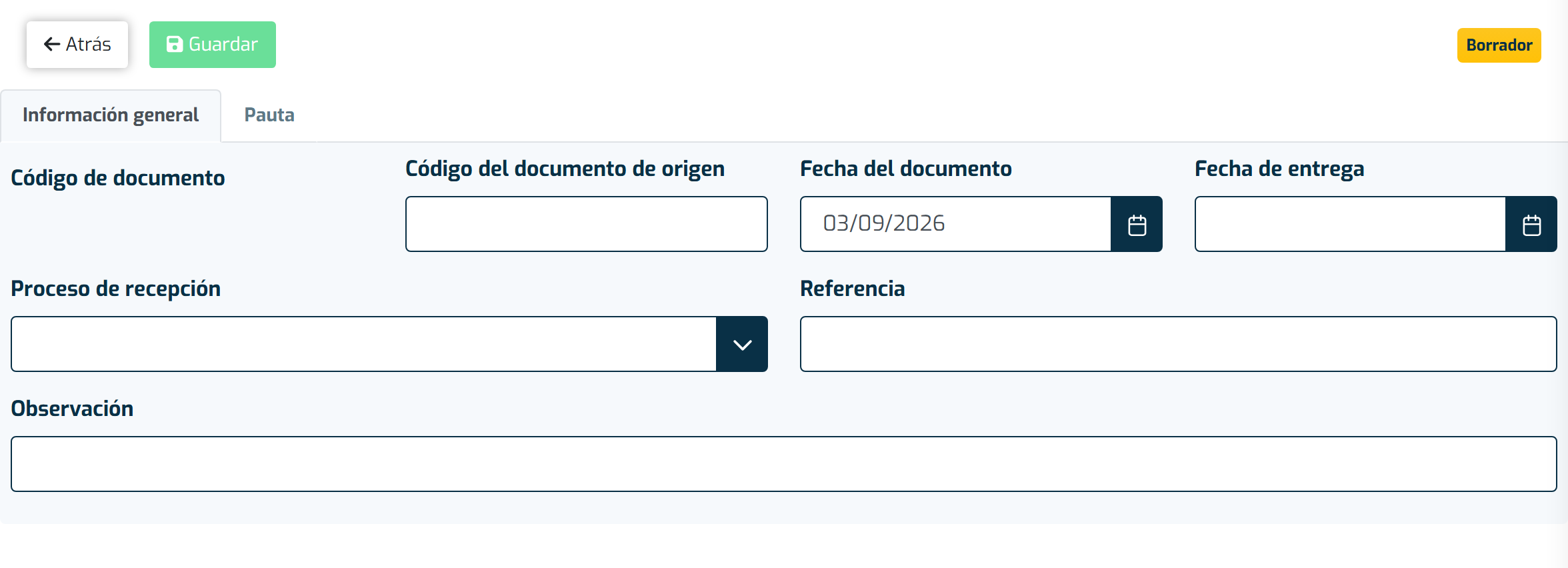 Pantalla de creación de una guía de recepción, en la pestaña Información General