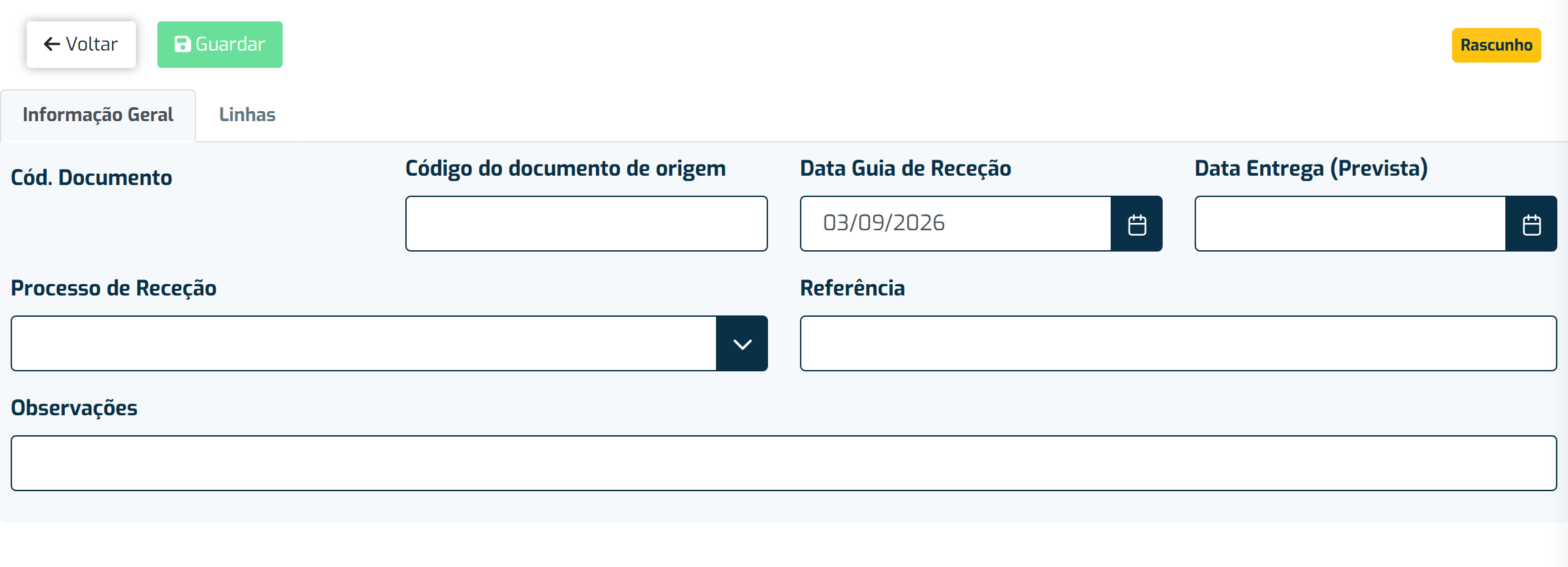 Ecrã de criação de uma guia de receção, no separador Informação Geral
