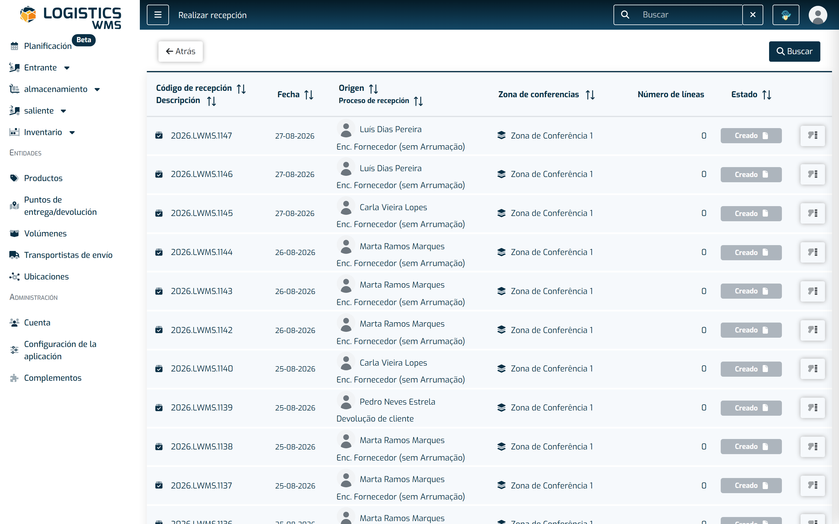 Pantalla operativa de recepciones, con las recepciones pendientes de comprobar
