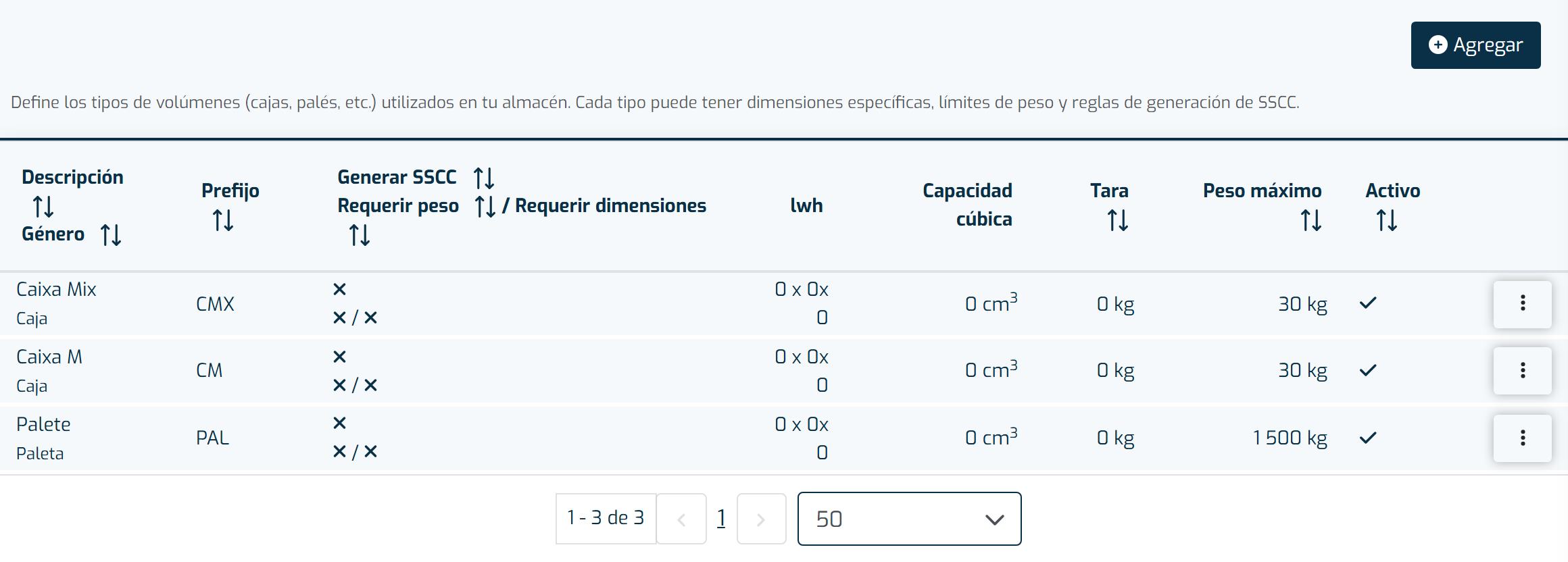Pestaña Tipos de Contenedor de la pantalla de configuración de la aplicación