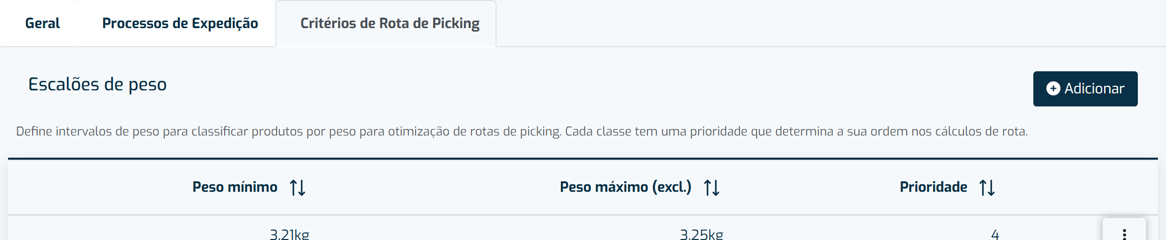 Separador Critérios de Rota de Picking, dentro das definições de Expedição
