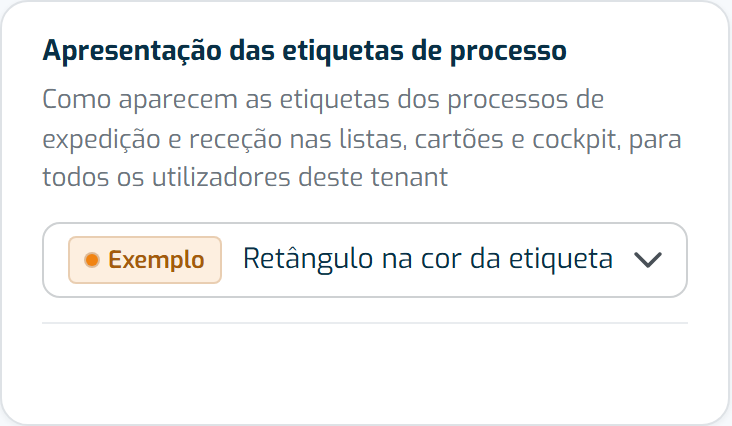 Definição do estilo das etiquetas de processo, por baixo da lista de processos de expedição, com uma etiqueta de exemplo