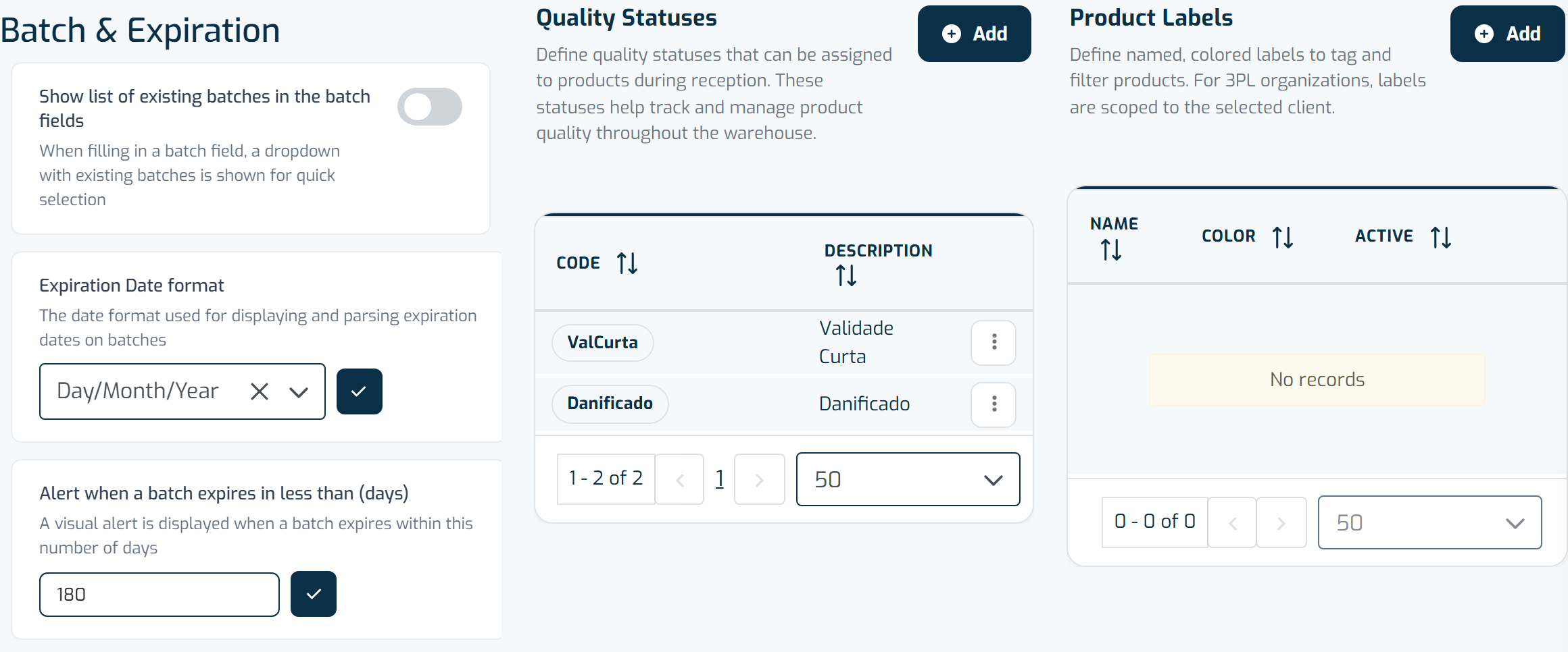 The Product Settings tab of the application settings screen