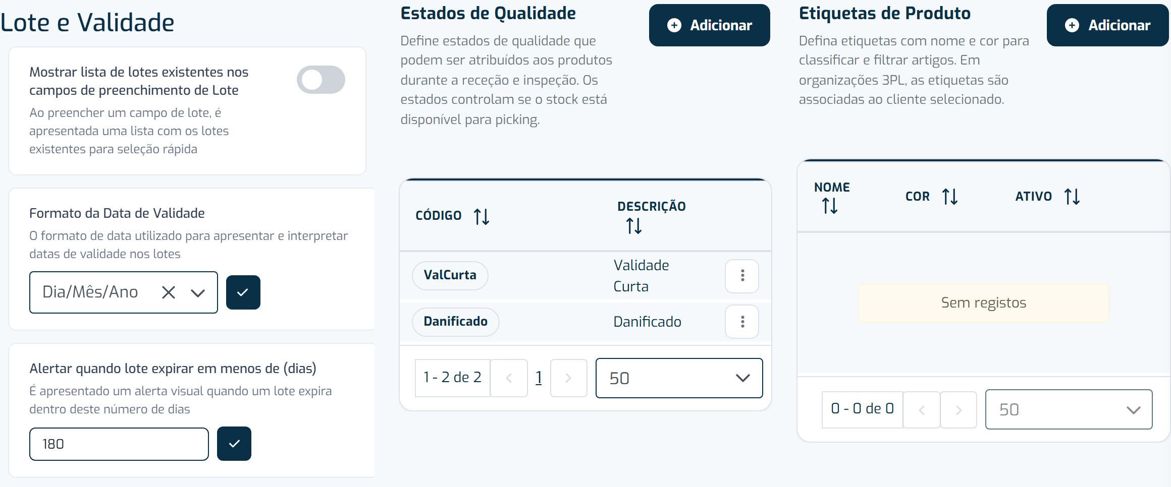 Separador Definições de Artigo do ecrã de definições da aplicação