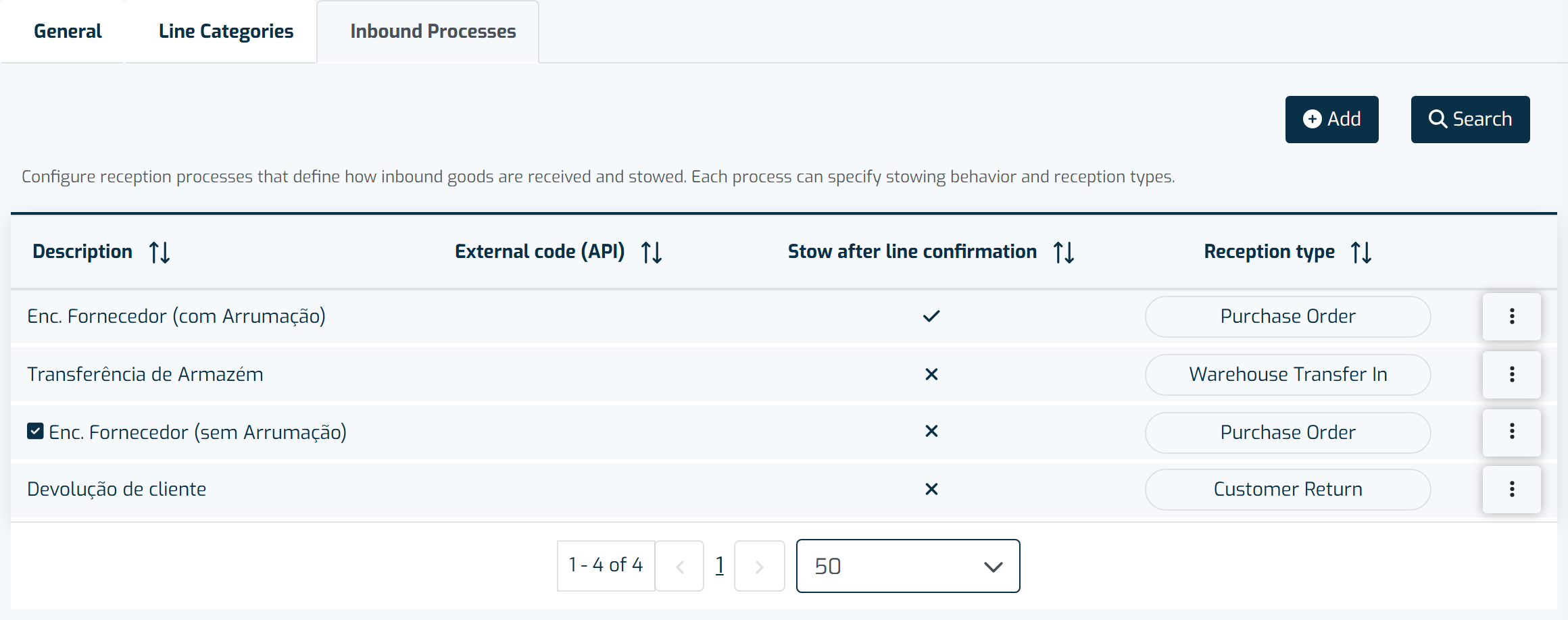 The Reception Processes tab, inside the Reception settings