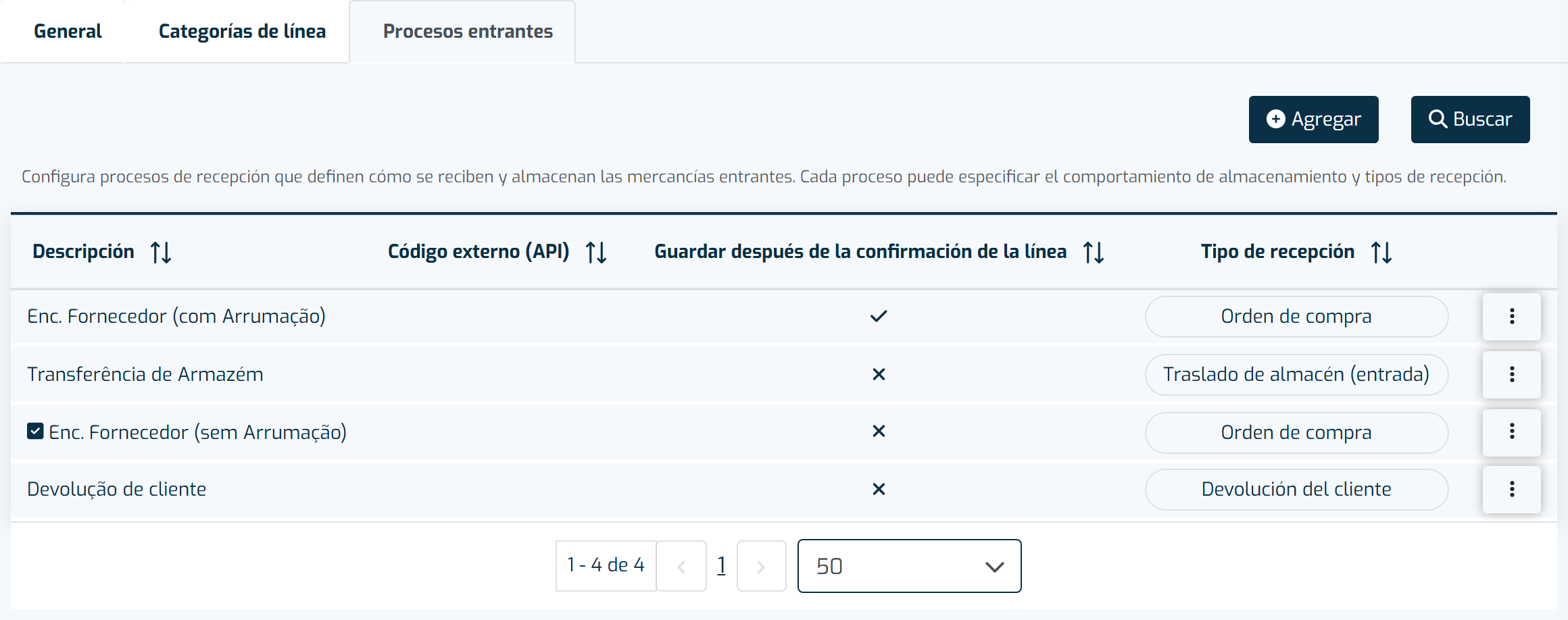 Pestaña Procesos de Recepción, dentro de la configuración de Recepción