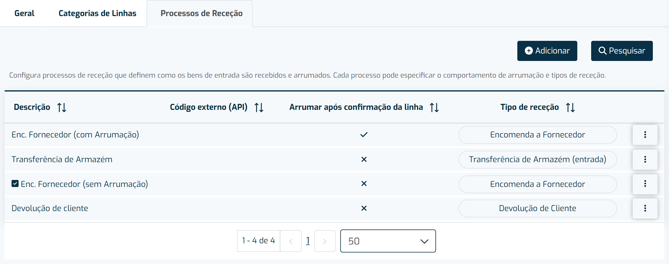 Separador Processos de Receção, dentro das definições de Receção