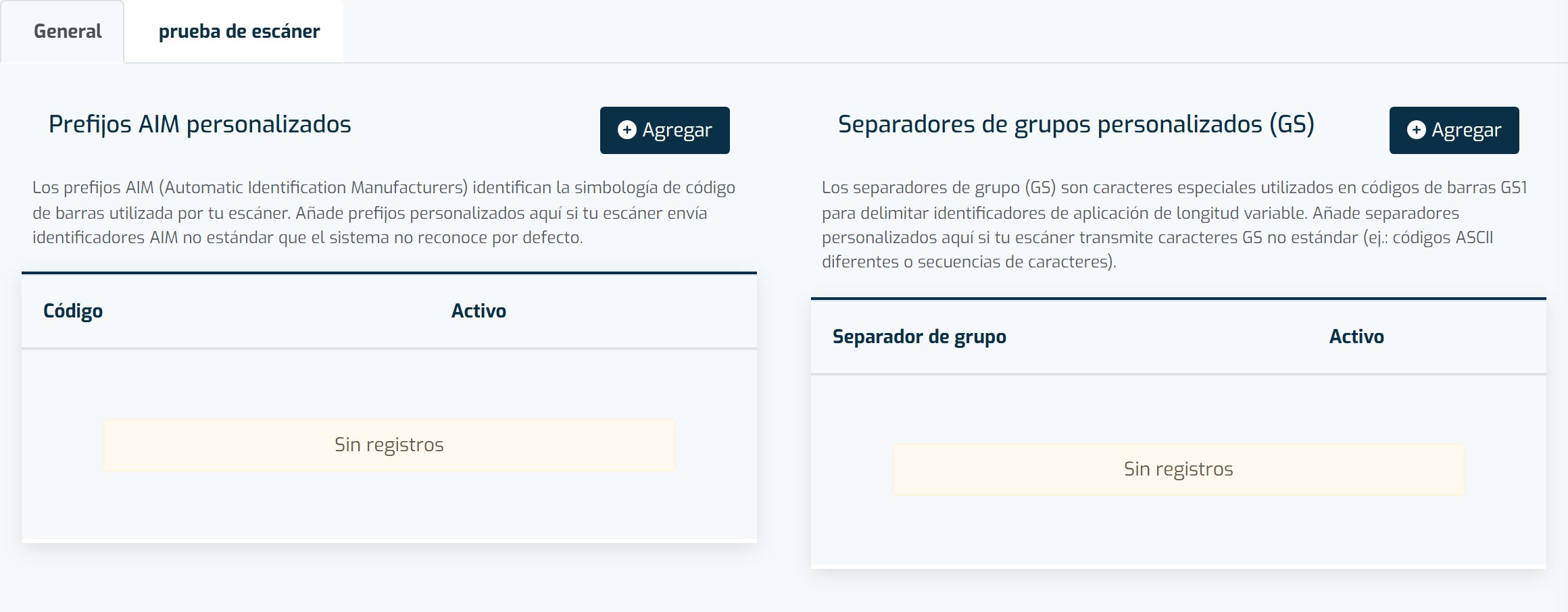 Pestaña Configuración de Escáner de la pantalla de configuración de la aplicación