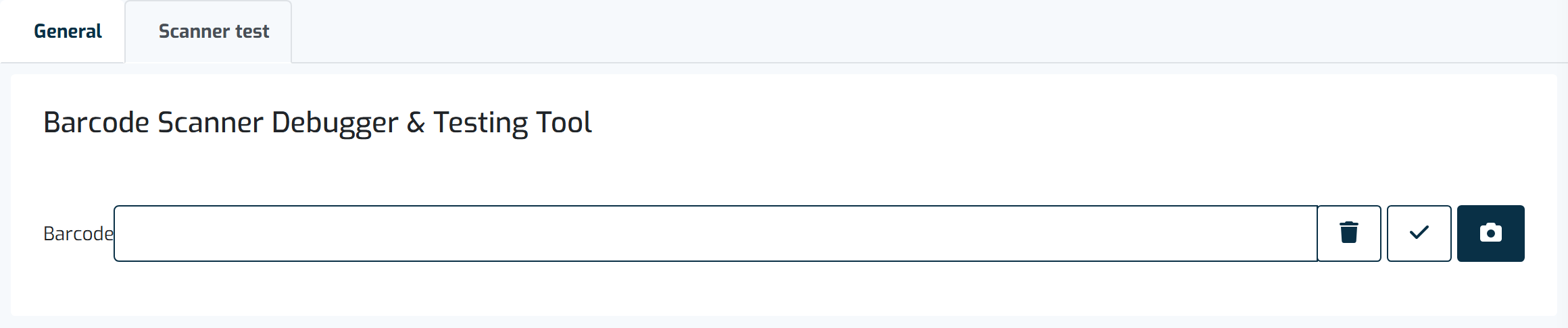 The Tester tab, inside the Scanner settings, showing the fields read from a barcode