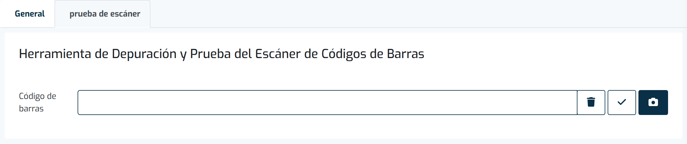 Pestaña Tester, dentro de la configuración de Escáner, mostrando los campos leídos de un código de barras