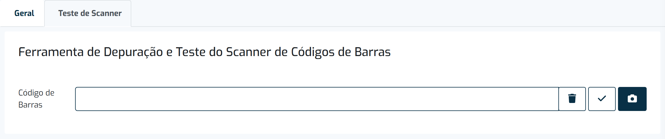 Separador Tester, dentro das definições de Scanner, mostrando os campos lidos de um código de barras