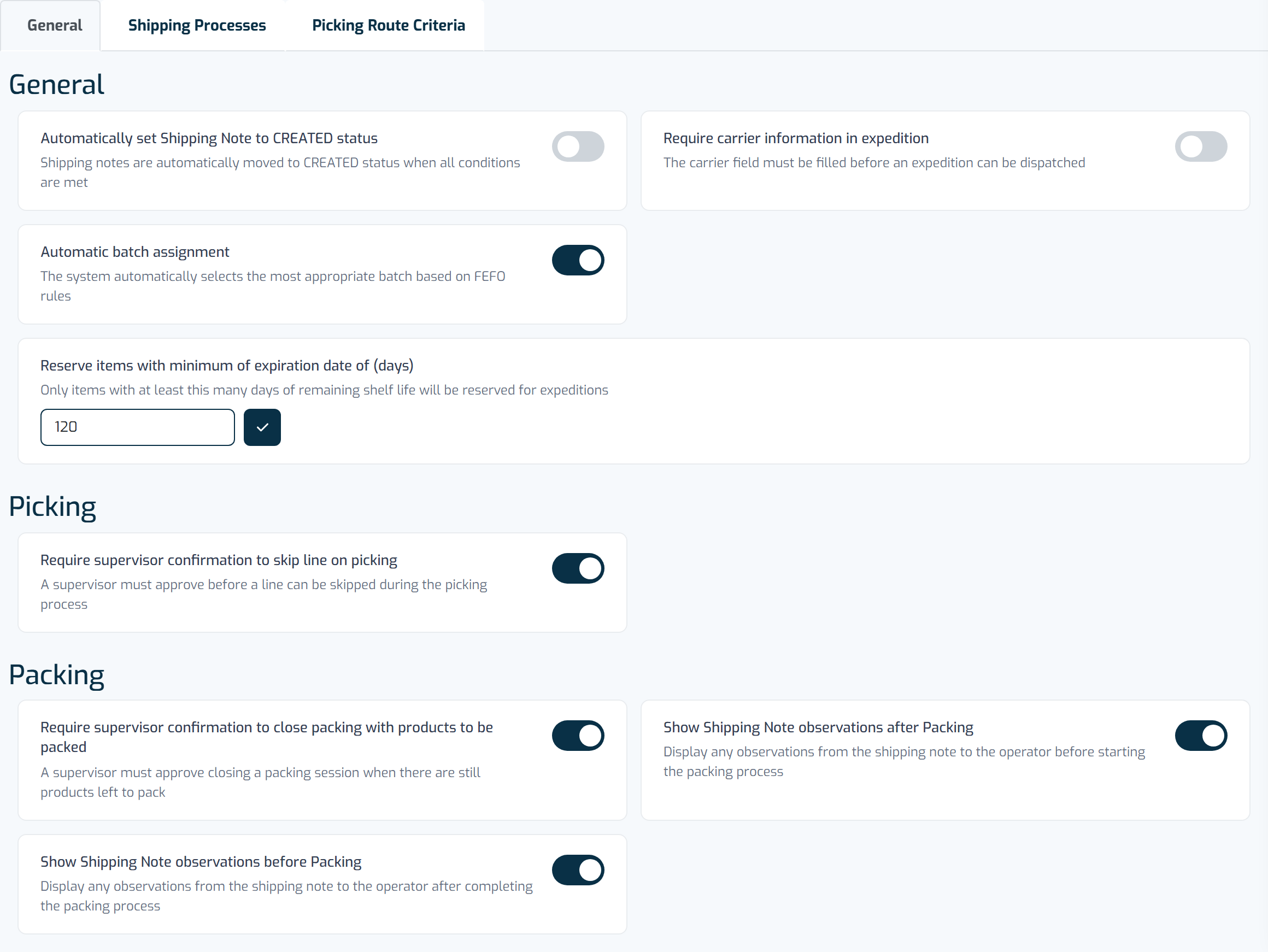 The Shipping Settings tab of the application settings screen
