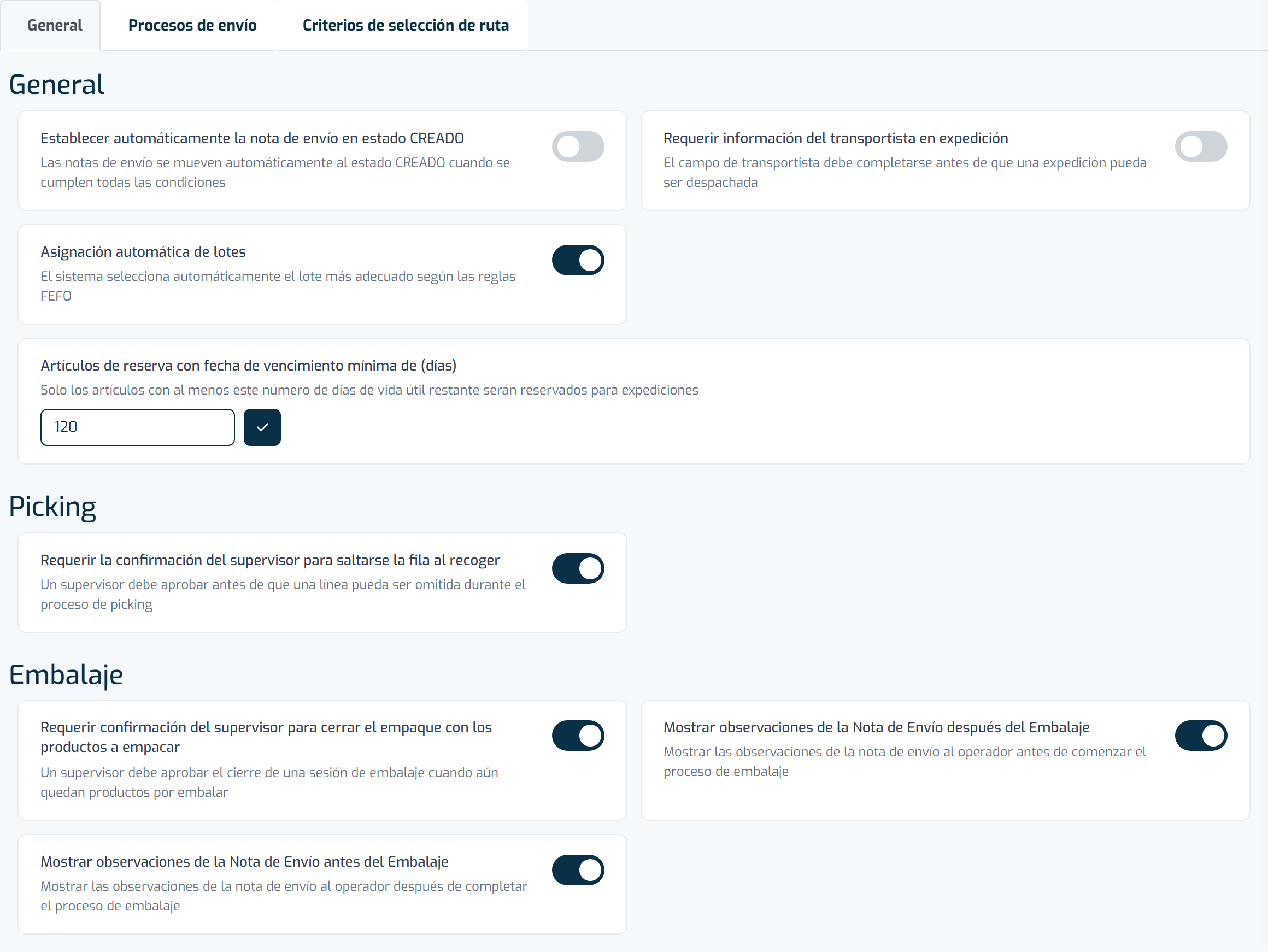 Pestaña Configuración de Expedición de la pantalla de configuración de la aplicación