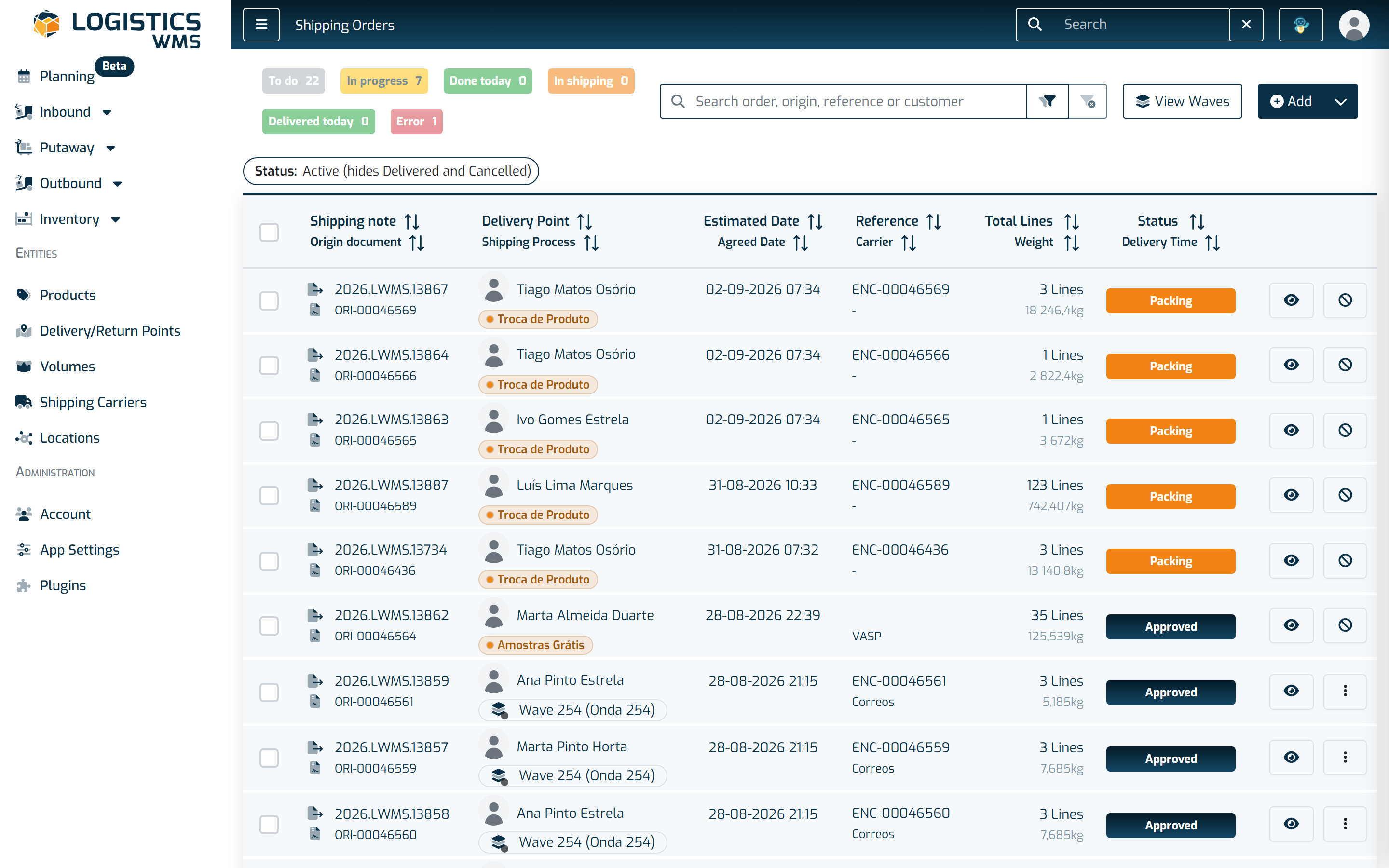 The Shipping Orders list, with the six quick filters and the search box above the table