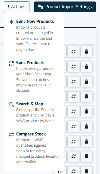 Menu de ações de produtos da Shopify com as opções Sincronizar Novos Produtos, Sincronizar Produtos, Procurar & Mapear e Comparar Stock
