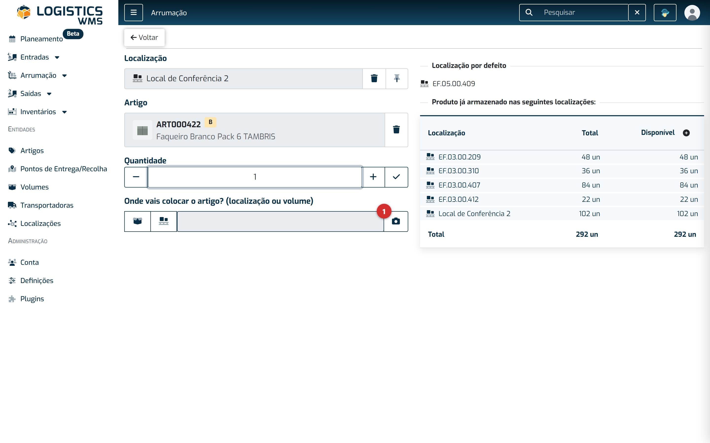 Último passo da arrumação: indicar onde o artigo vai ficar, com a localização sugerida ainda visível ao lado