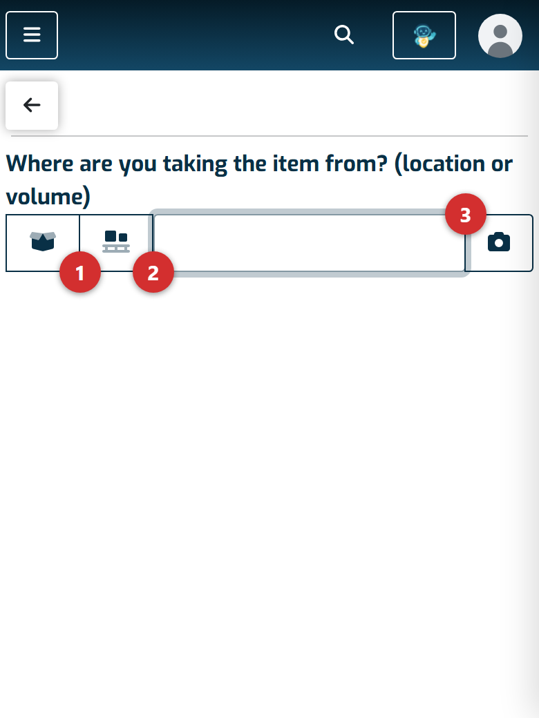 The first putaway step on a handheld: choose whether the origin is a location or a container, then scan the code