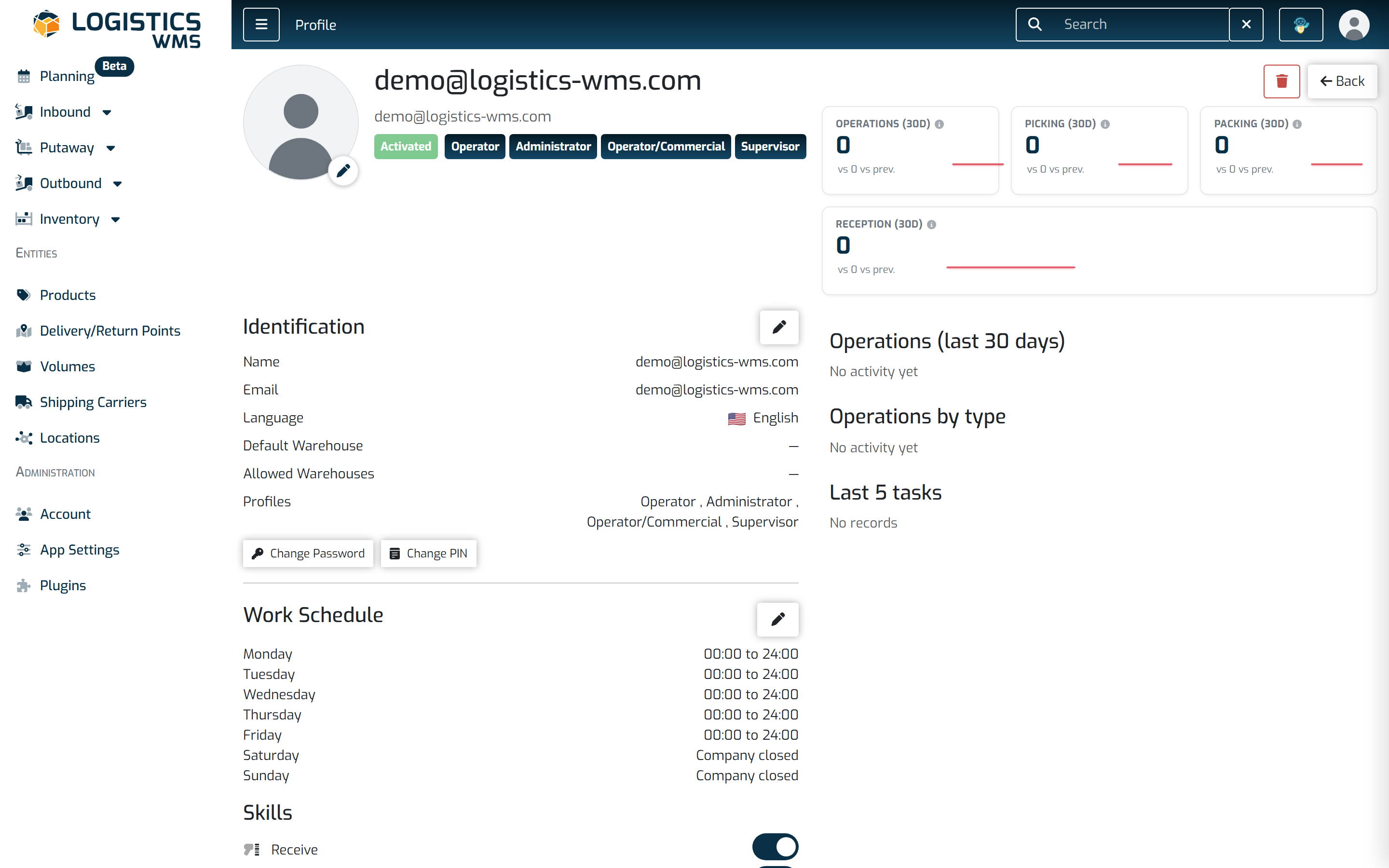 A user profile, showing details, work schedule and competencies