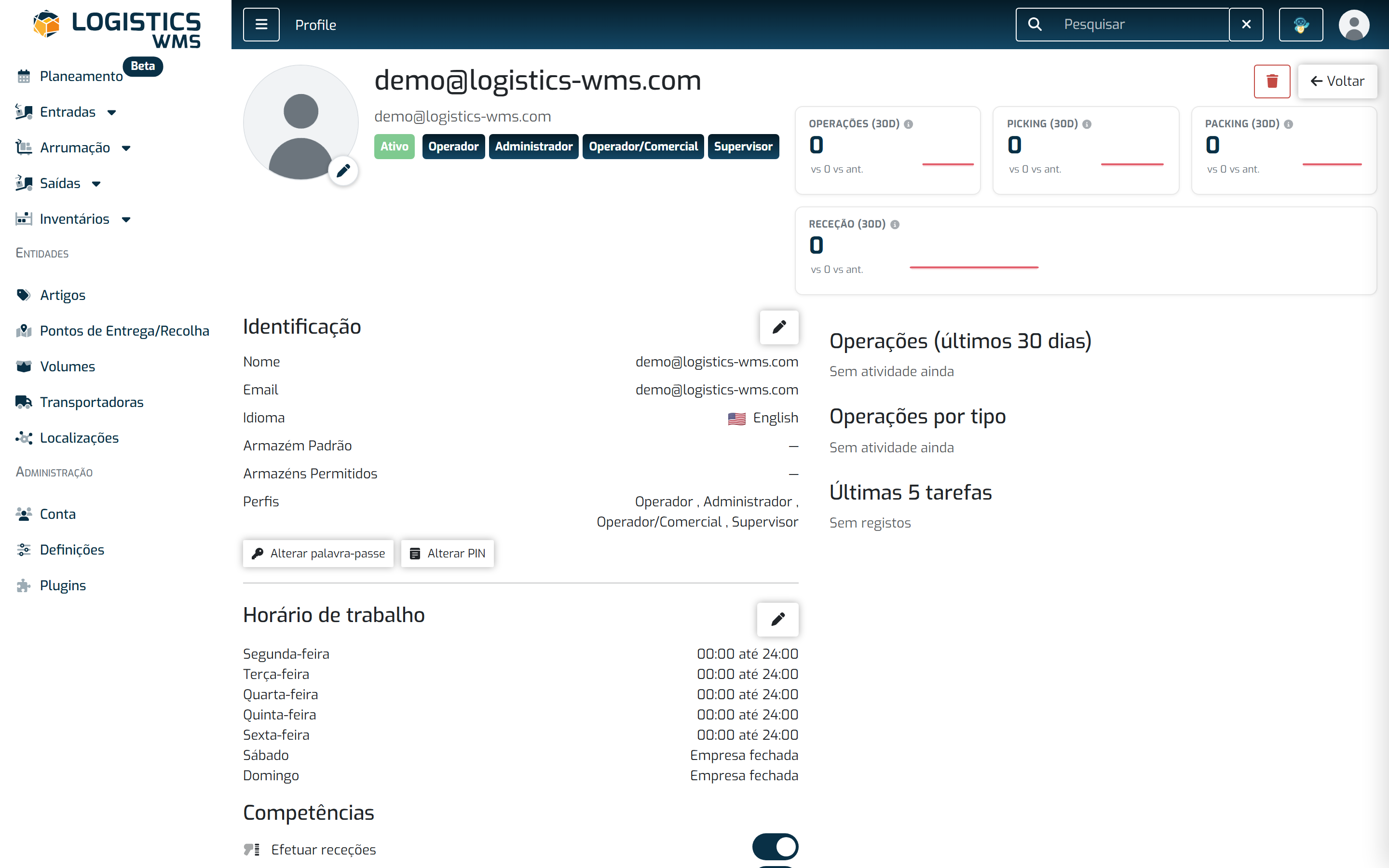 Perfil de um utilizador, com os dados, o horário de trabalho e as competências