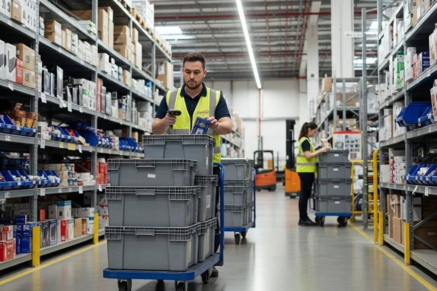 Warehouse operator performing wave picking with multi-tote boxes in a shelving aisle